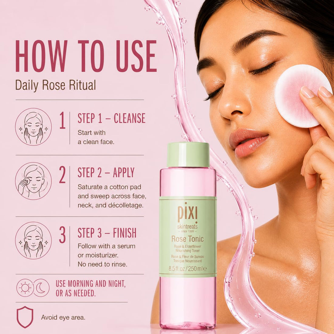Pixi Rose Tonic Rose Hydrosol Toner, Hydrates Skin, Minimize Redness, Rehydrates and Replenishes, 250 Ml 8.5Fl Oz