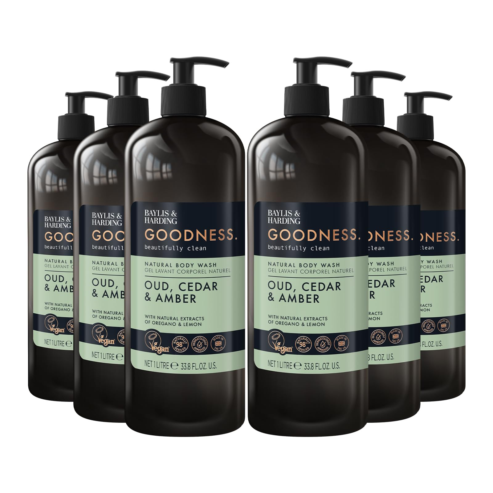 Baylis & Harding Goodness Oud, Cedar and Amber Body Wash, 500 ml (Pack of 3) - Vegan Friendly