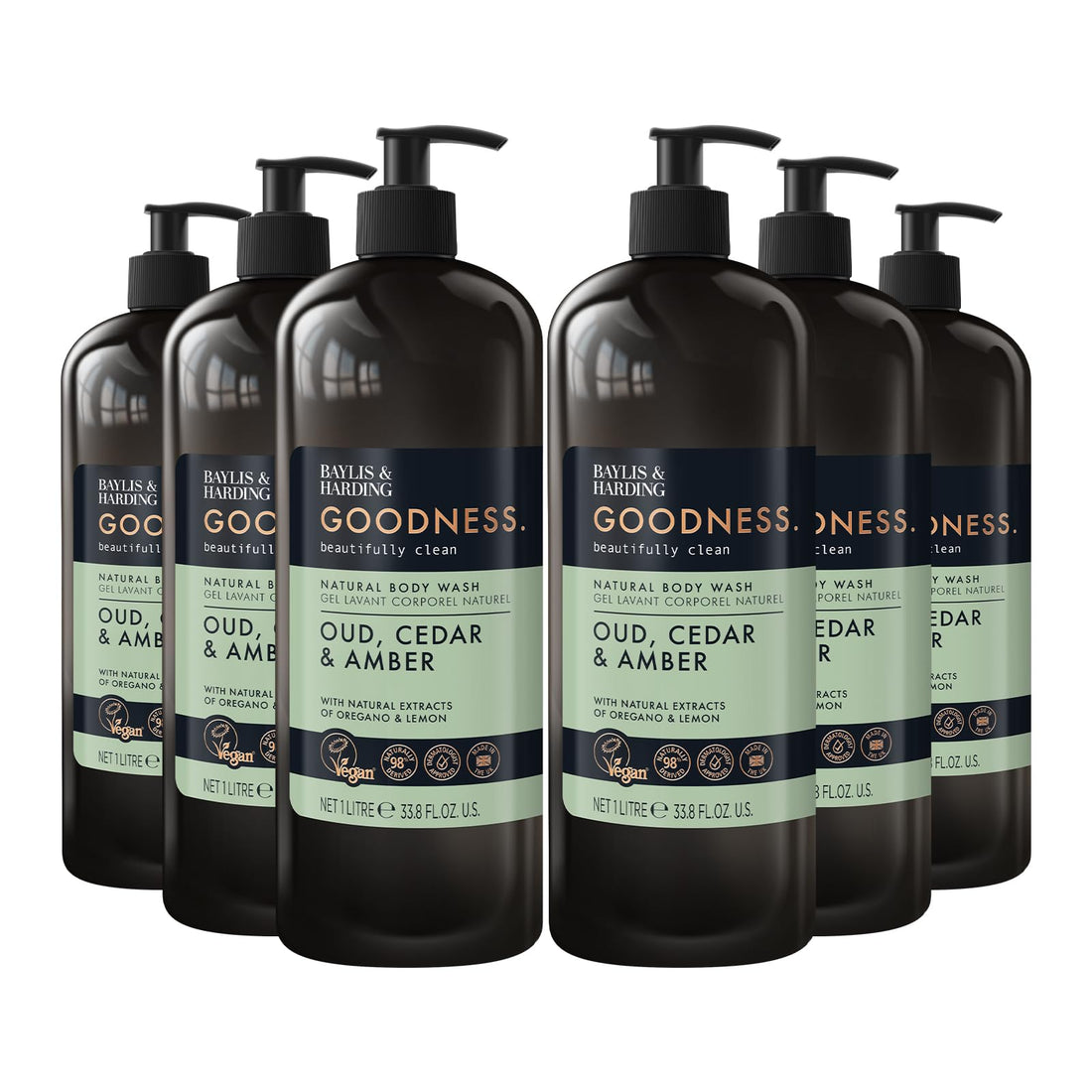 Baylis & Harding Goodness Oud, Cedar and Amber Body Wash, 500 ml (Pack of 3) - Vegan Friendly