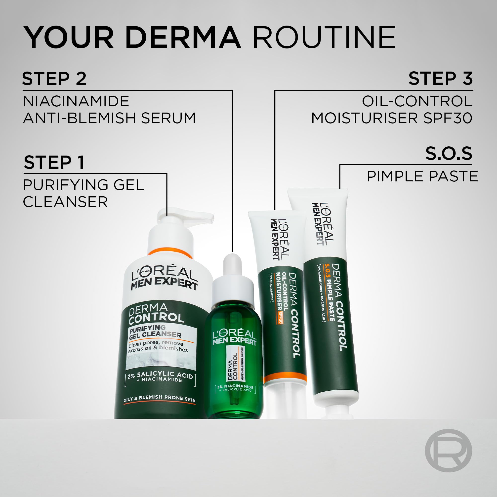 L'Oréal Men Expert Derma Control Purifying Cleansing Gel for Oily & Blemish-Prone Skin, Salicylic Acid & Niacinamide Deep Cleanser, Removes Dead Skin Cells, Unclogs Pores, 260ml