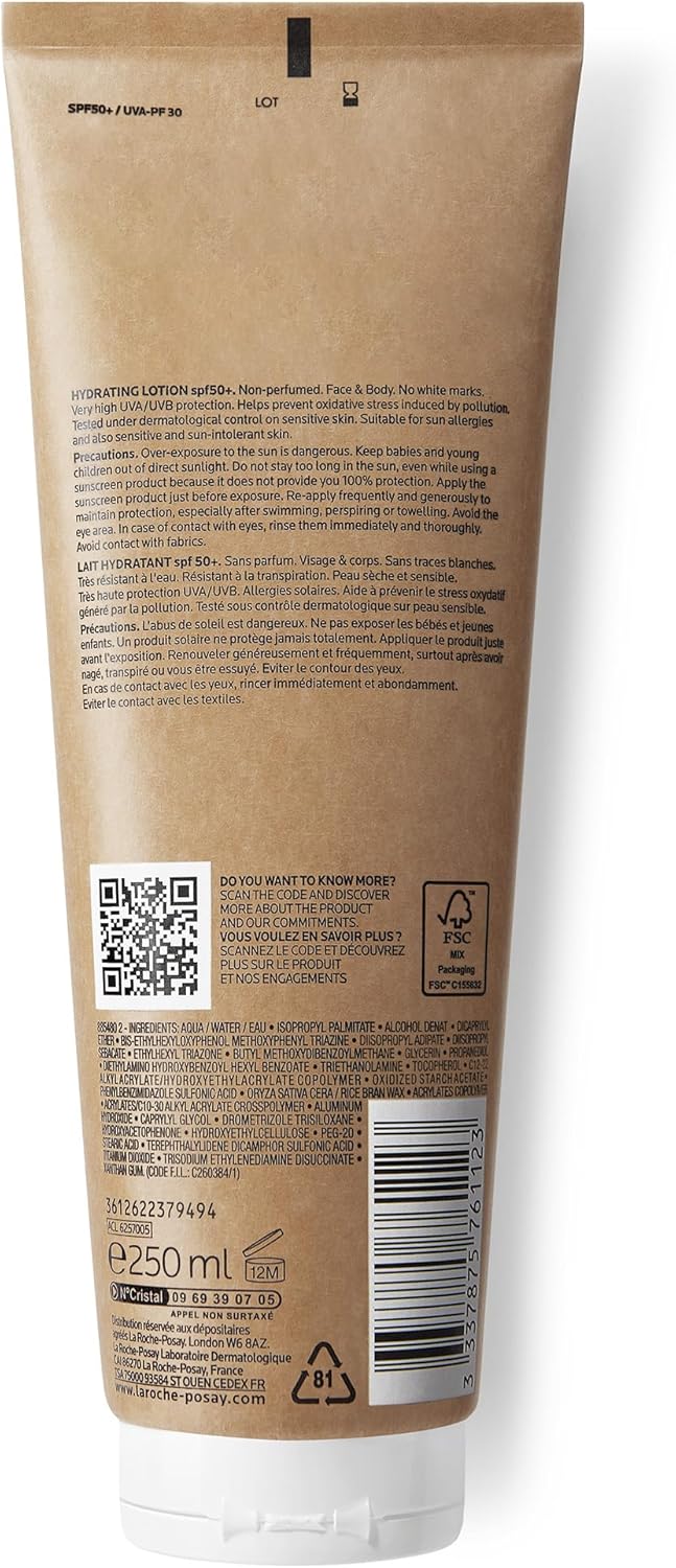La Roche-Posay Anthelios Hydrating Body Lotion SPF50+, Broad-Spectrum Sunscreen, UVB and UVA Protection, Lightweight Non-Greasy Formula, Suitable for Sensitive Dry skin, 250ml