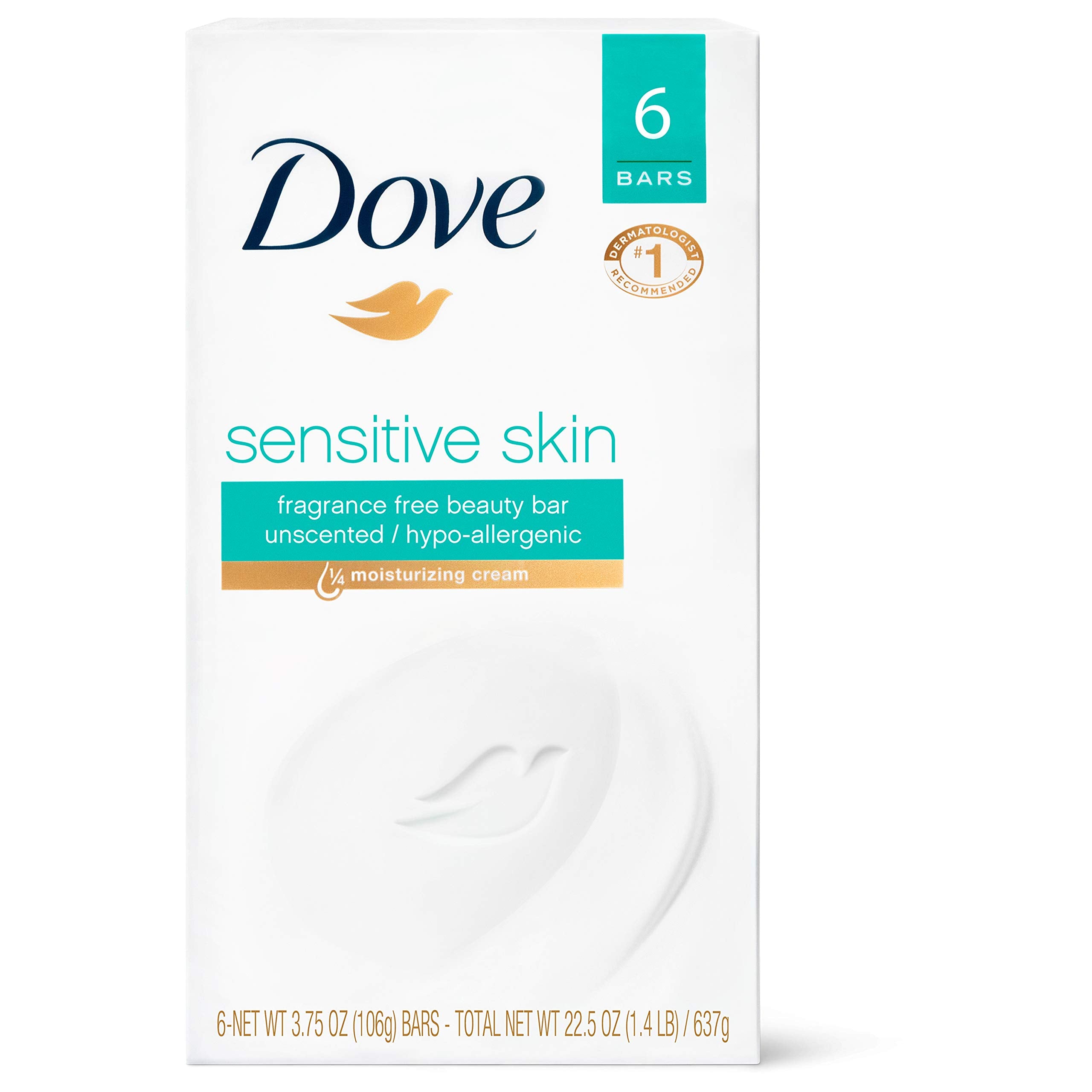 Dove Beauty Bar Soap Sensitive, 8 Bars for Sensitive Skin, Fragrance Free and Hypoallergenic 3.75 oz