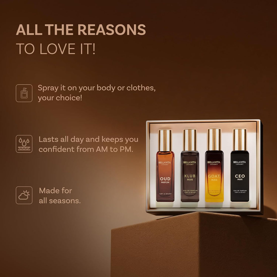 Bellavita Luxury Men's Perfume Gift Set with CEO Man, G.O.A.T., Klub, and Oud | 80ml | Perfume for Men | Lavender, Patchouli, Lemon, and Caramel Notes | Long Lasting Men's Fragrance Halalzen