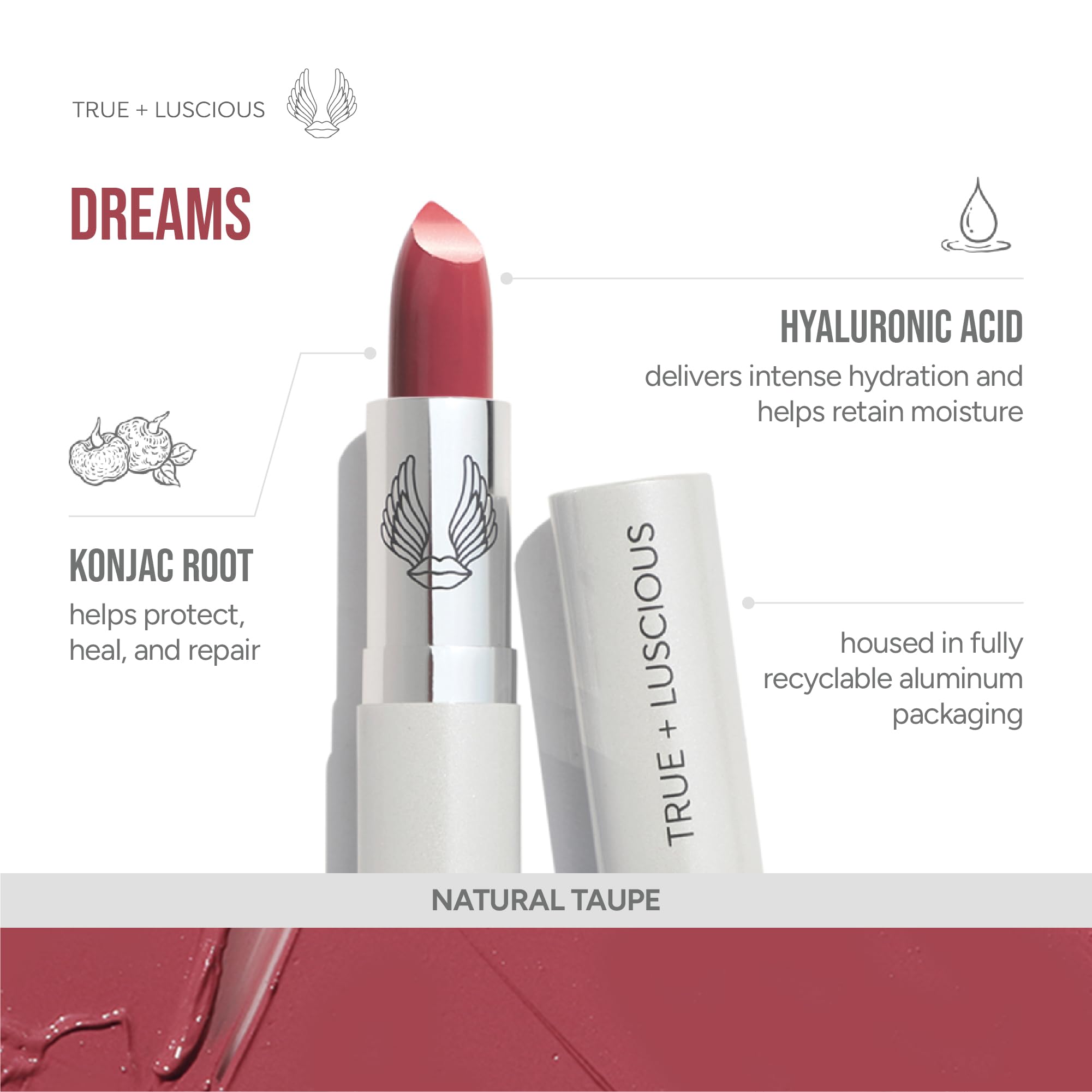 True + Luscious Super Moisture Lipstick | Sheer Cream Lip Color for Lasting Hydration | Hyaluronic Acid Konjac Root Powder | Vegan Cruelty-Free Gluten-Free Flatters All Skin Tones | Pink Sugar