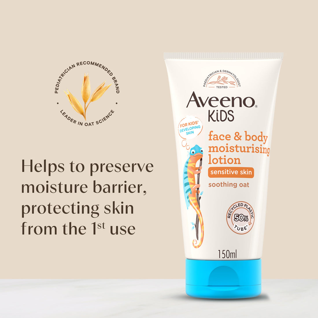 Aveeno Kids Face & Body Moisturising Lotion (1 x 150ml), Non-Greasy and Fragrance-Free Moisturiser Enriched with Soothing Oat, Face and Body Lotion for Kids' Sensitive and Developing Skin Halalzen
