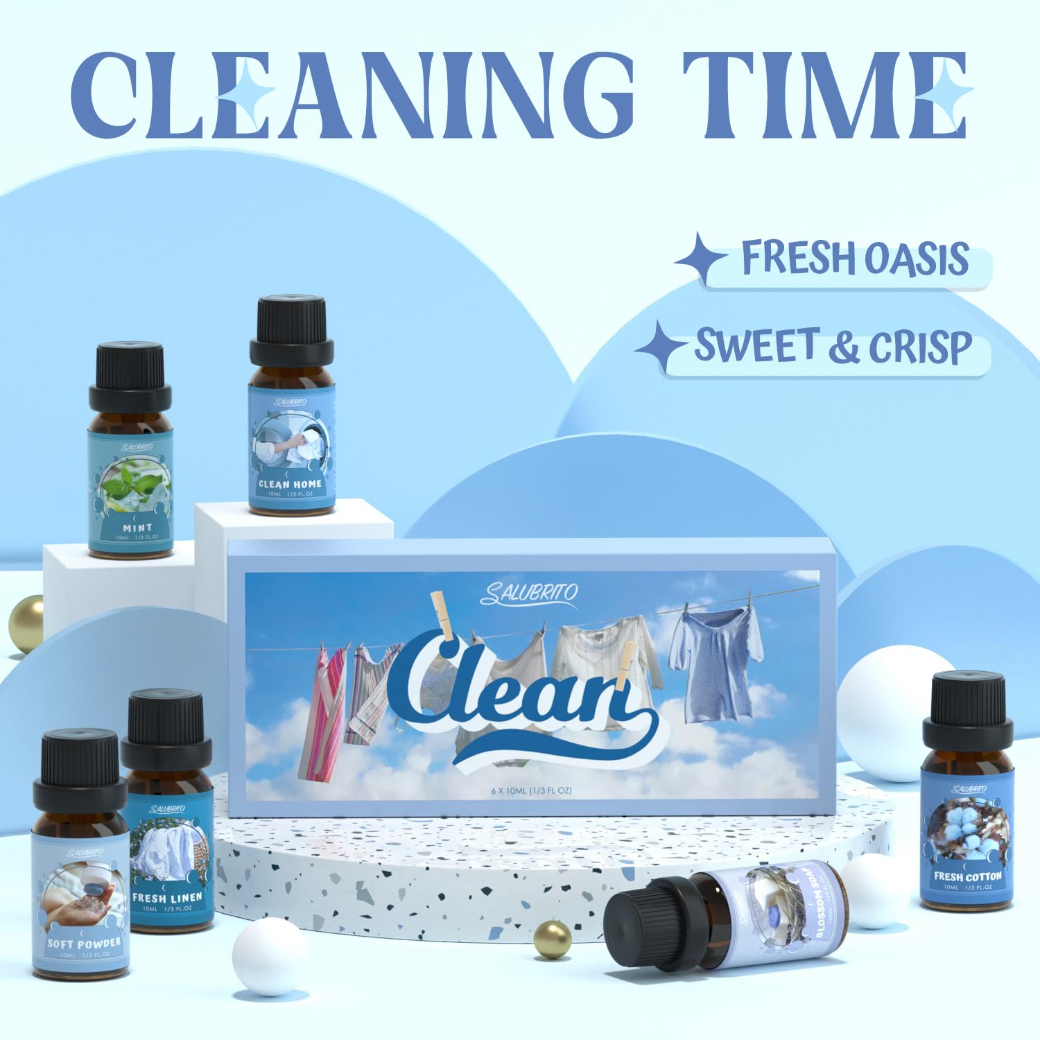 SALUBRITO Clean Essential Oils Set, Fresh Cotton, Clean Home, Fresh Linen, Soft Powder, Blossom Soap, Mint Scented Oils for for Diffuser, Candle, Soap Making