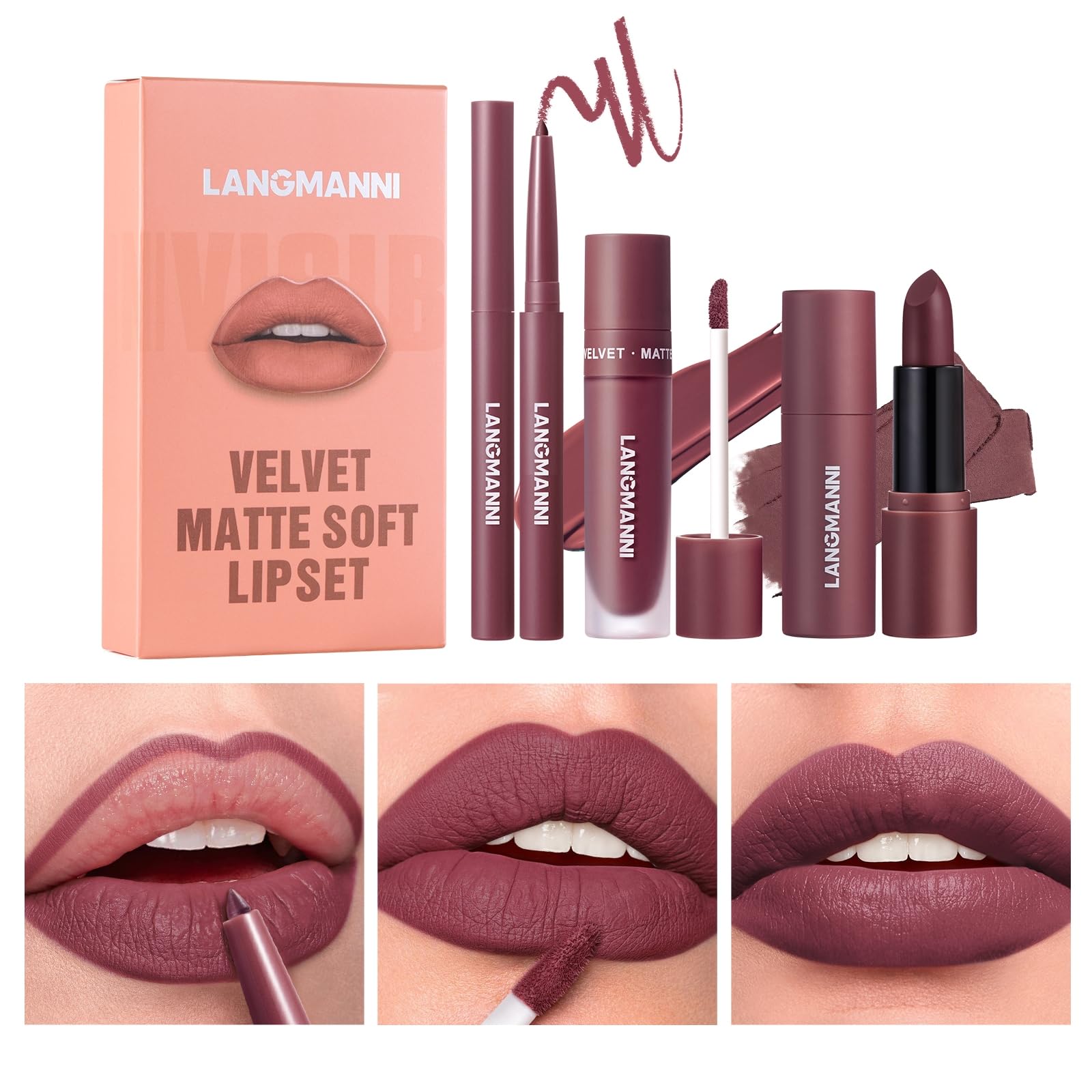 3PCS Matte Liquid Lipstick Lip Gloss & Liner Set - All-IN-One Lip Kit, Velvety Nude Color, Waterproof Make Up Set (# 03) Halalzen