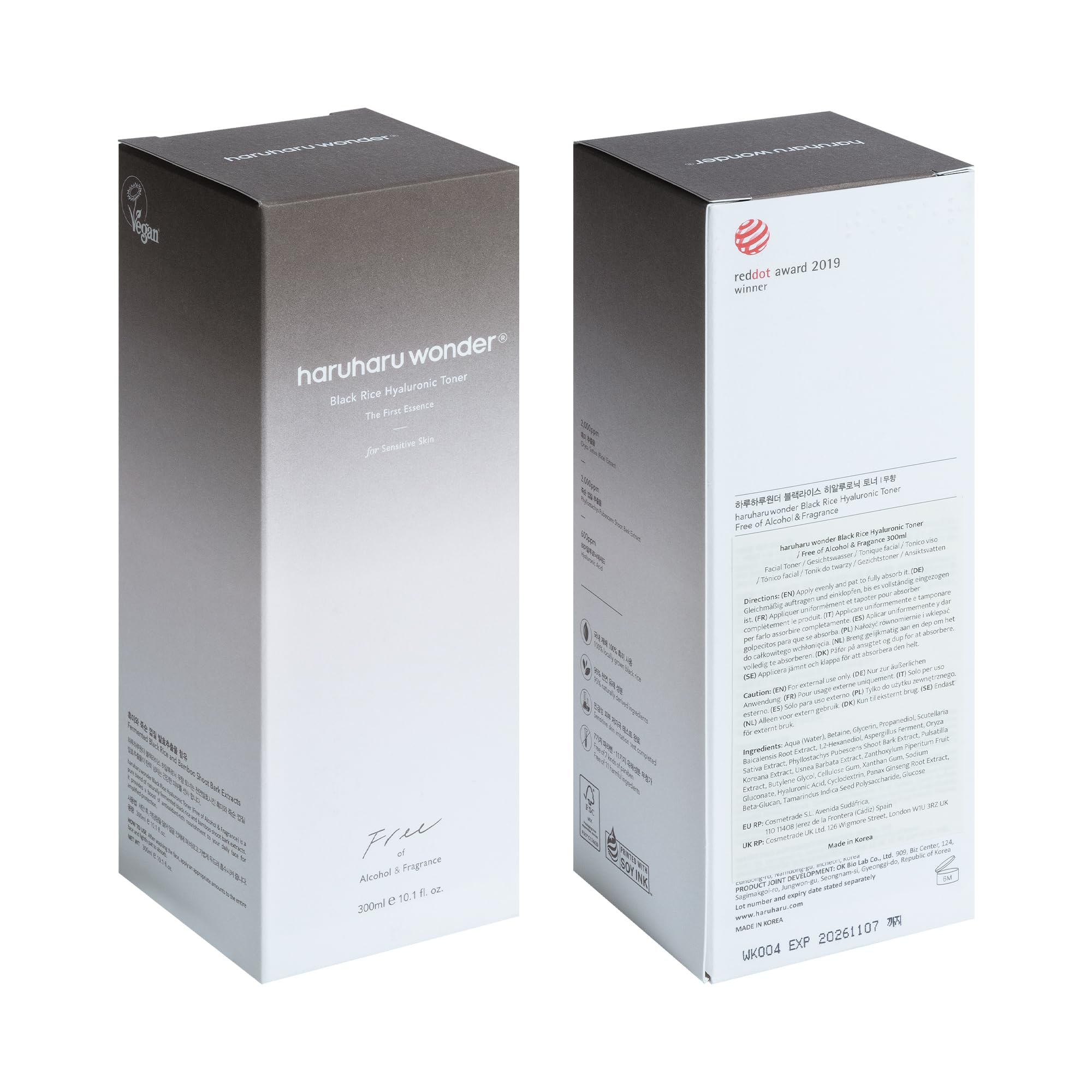 haruharu Wonder Black Rice Hyaluronic Toner for Sensitive Skin, Alcohol Free, Fragrance Free, Deep Hydration, Glass Skin, Korean Skincare, Vegan, Cruelty-Free, 300ml