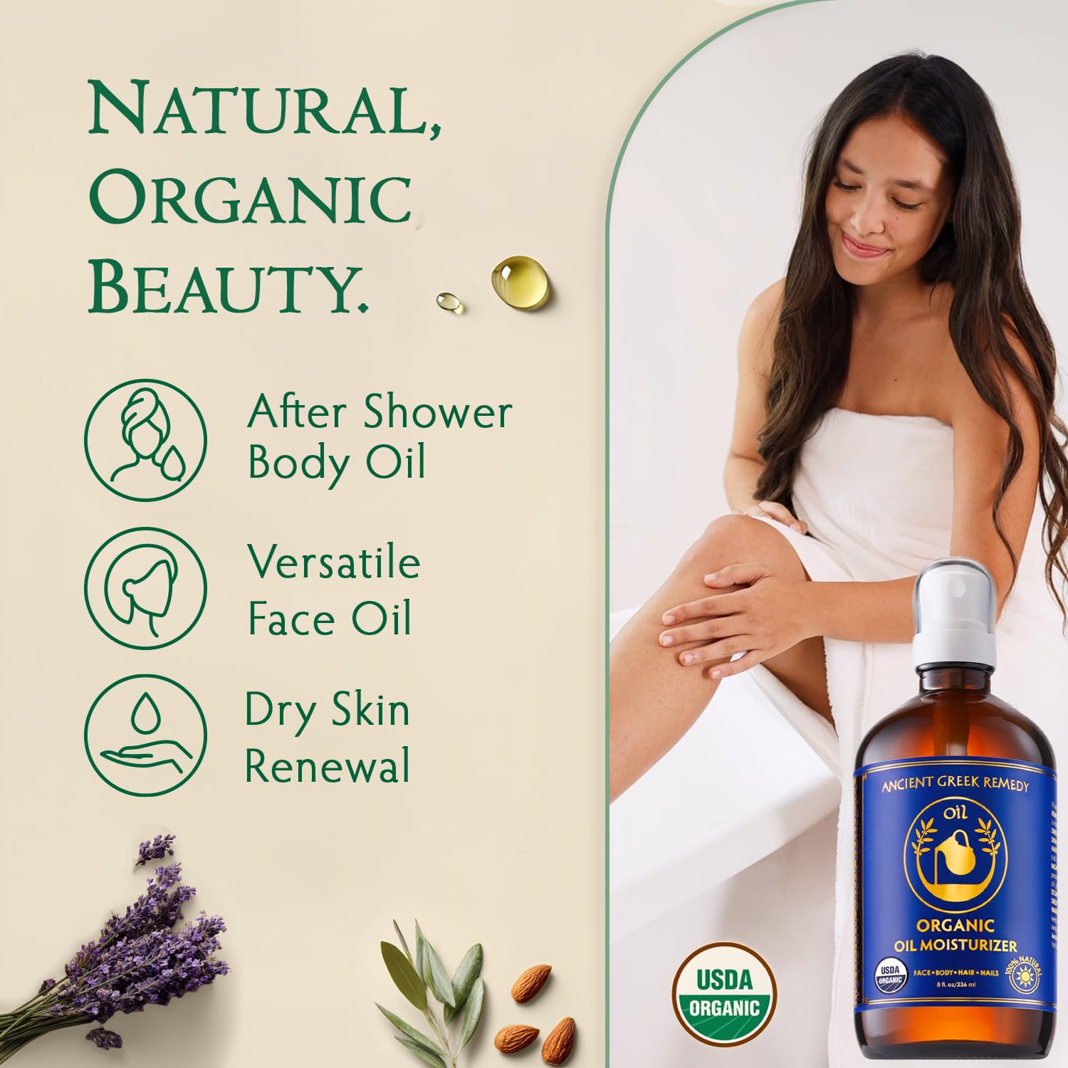 Ancient Greek Remedy Body Oil - Organic After Shower Face Oil & Body Moisturizer for Dry Skin - Almond, Jojoba, Olive, Lavender, Vitamin E Oils - Natural Clean Facial Skincare for Women & Men 4 oz