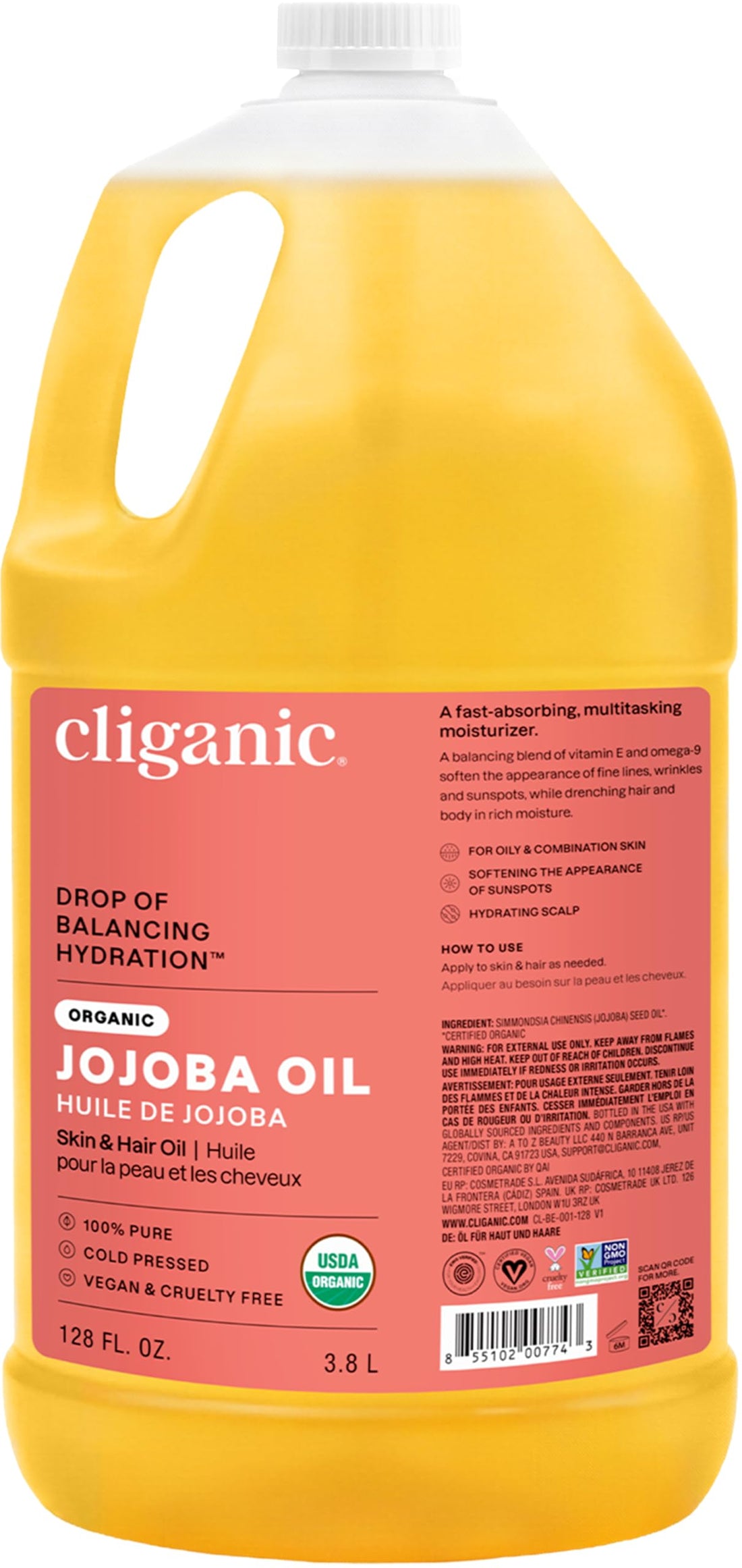 Cliganic Organic Jojoba Oil, 100% Pure (4oz) | Moisturizing for Face, Hair, Skin & Nails | Natural Cold Pressed Hexane Free | Base Carrier Oil Halalzen