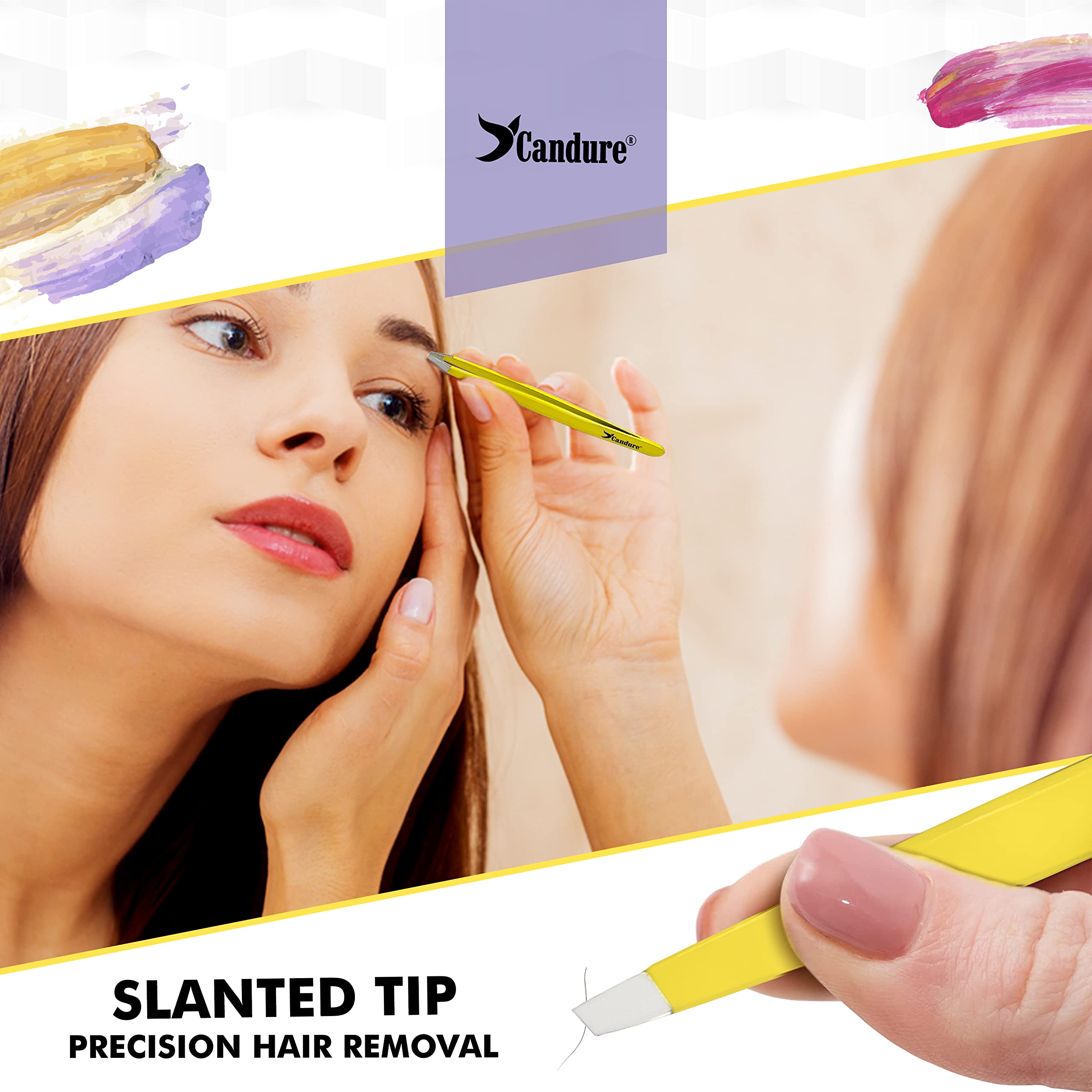Candure Tweezers for Eyebrows - Professional Stainless Steel Slanted and Pointed Tip Hair Tweezers Set for Ingrown Hair, Blackhead Removal, Eyebrows Plucking Beauty Tool for Women Halalzen