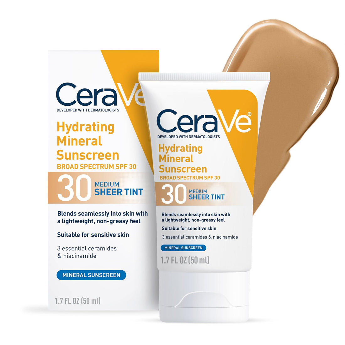 CeraVe Hydrating Mineral Sunscreen SPF 30 with Sheer Tint, Tinted Mineral Sunscreen with Zinc Oxide & Titanium Dioxide, Blends Seamlessly For Healthy Glow, Medium, 1.7 Fluid Ounce Halalzen