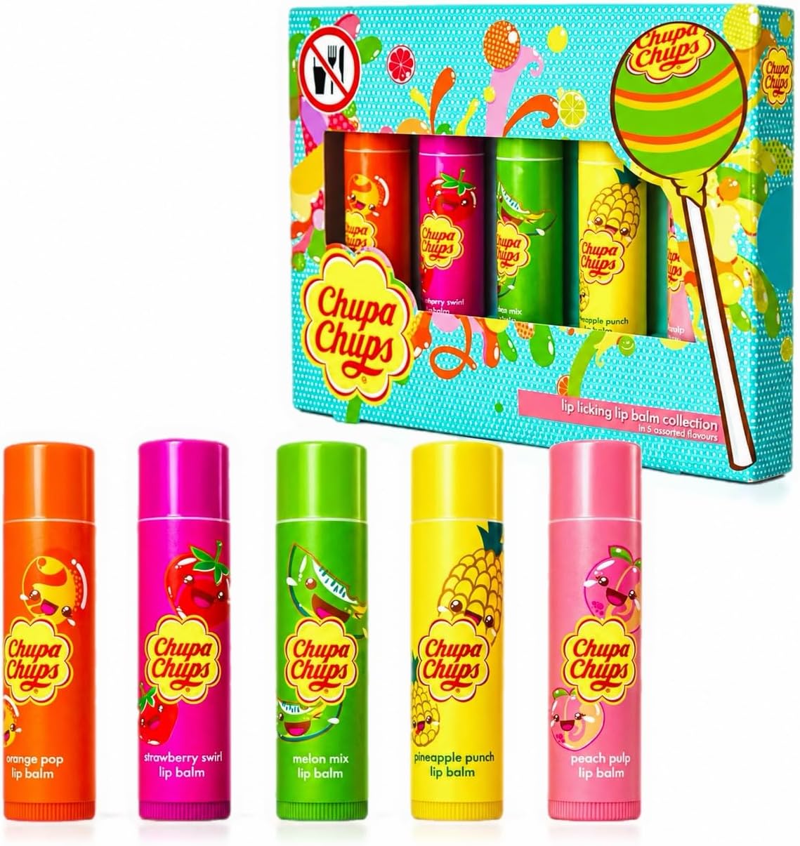 Chupa Chups Lip Licking Lip Balm Collection, 5 Assorted Flavors: Orange Pop, Strawberry Swirl, Melon Mix, Pineapple Punch, and Peach Pulp - Fun, Flavored Lip Care Gift Set for Kids and Adults Halalzen