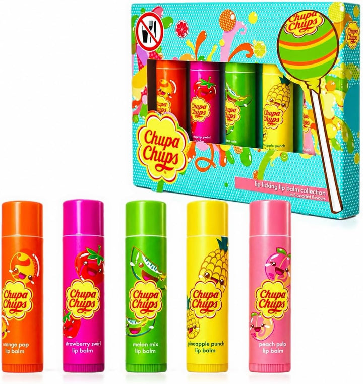 Chupa Chups Lip Licking Lip Balm Collection, 5 Assorted Flavors: Orange Pop, Strawberry Swirl, Melon Mix, Pineapple Punch, and Peach Pulp - Fun, Flavored Lip Care Gift Set for Kids and Adults