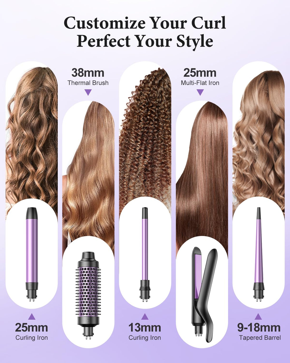 BESTOPE PRO 5 in 1 Hair Curling Wand, Hair Curler Set with Thermal Brush and Hair Straightener, 13 Temperature Control for All Hair Lengths, with Heat Resistant Mat, Glove, Clip, Purple Halalzen