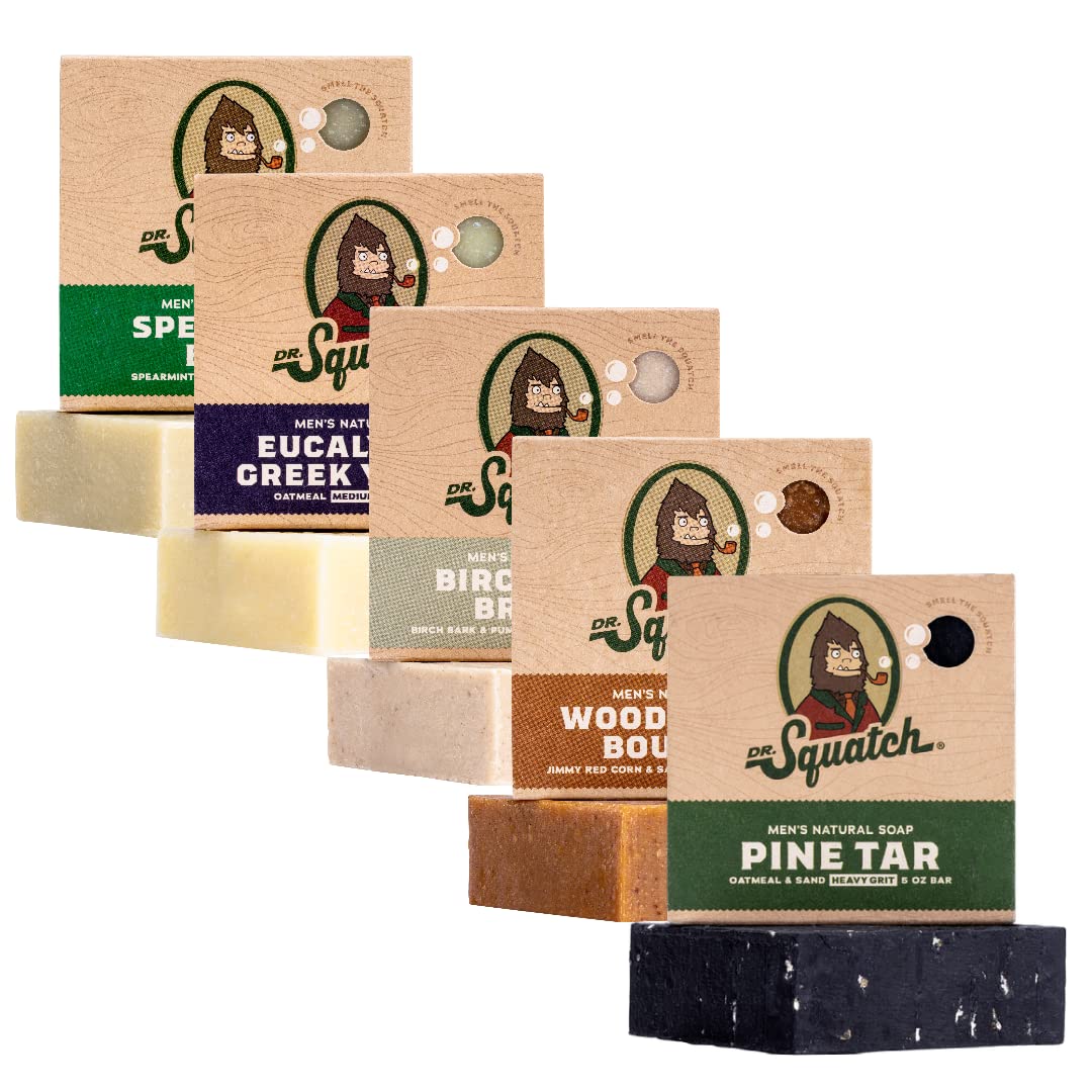 Dr. Squatch Natural Men’s Bar Soap - Cold Process Body Soap Bar with Natural Oils - Gifts for Men - Deep Sea Goat's Milk, Wood Barrel Bourbon, Rainforest Rapids, Alpine Sage & Bay Rum (5 oz, 5-Pack)
