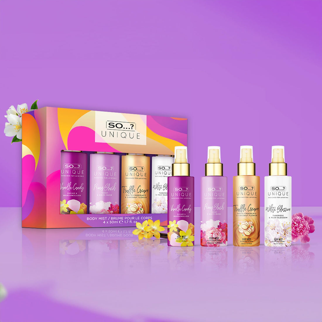 So…? Unique Mini Mist Womens Gift Set with Vanilla Candy, Sweet Pea, Truffle Cream, & Cashmere, Body Mist Fragrance Spray Set (4 x 50ml.) Halalzen