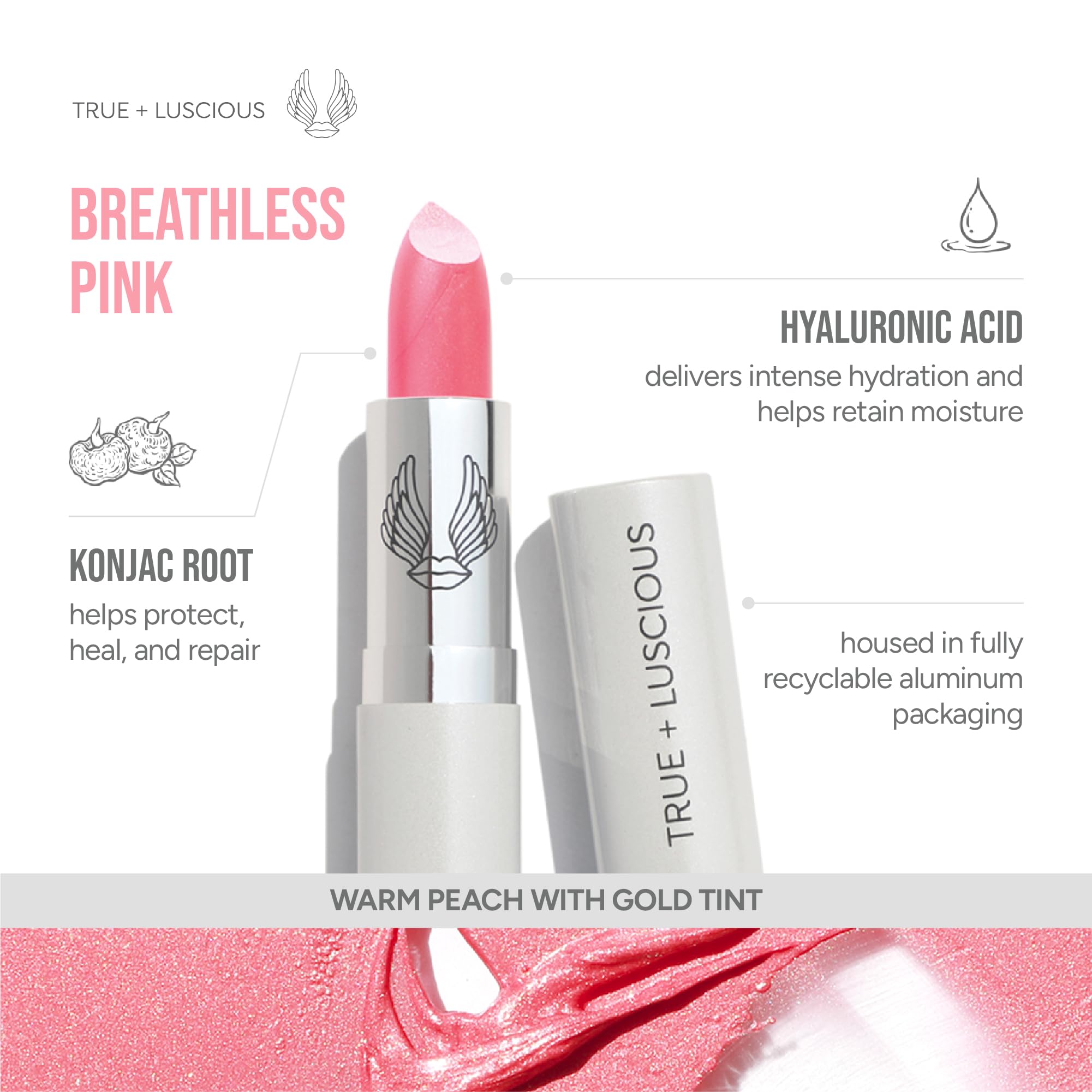 True + Luscious Super Moisture Lipstick | Sheer Cream Lip Color for Lasting Hydration | Hyaluronic Acid Konjac Root Powder | Vegan Cruelty-Free Gluten-Free Flatters All Skin Tones | Pink Sugar