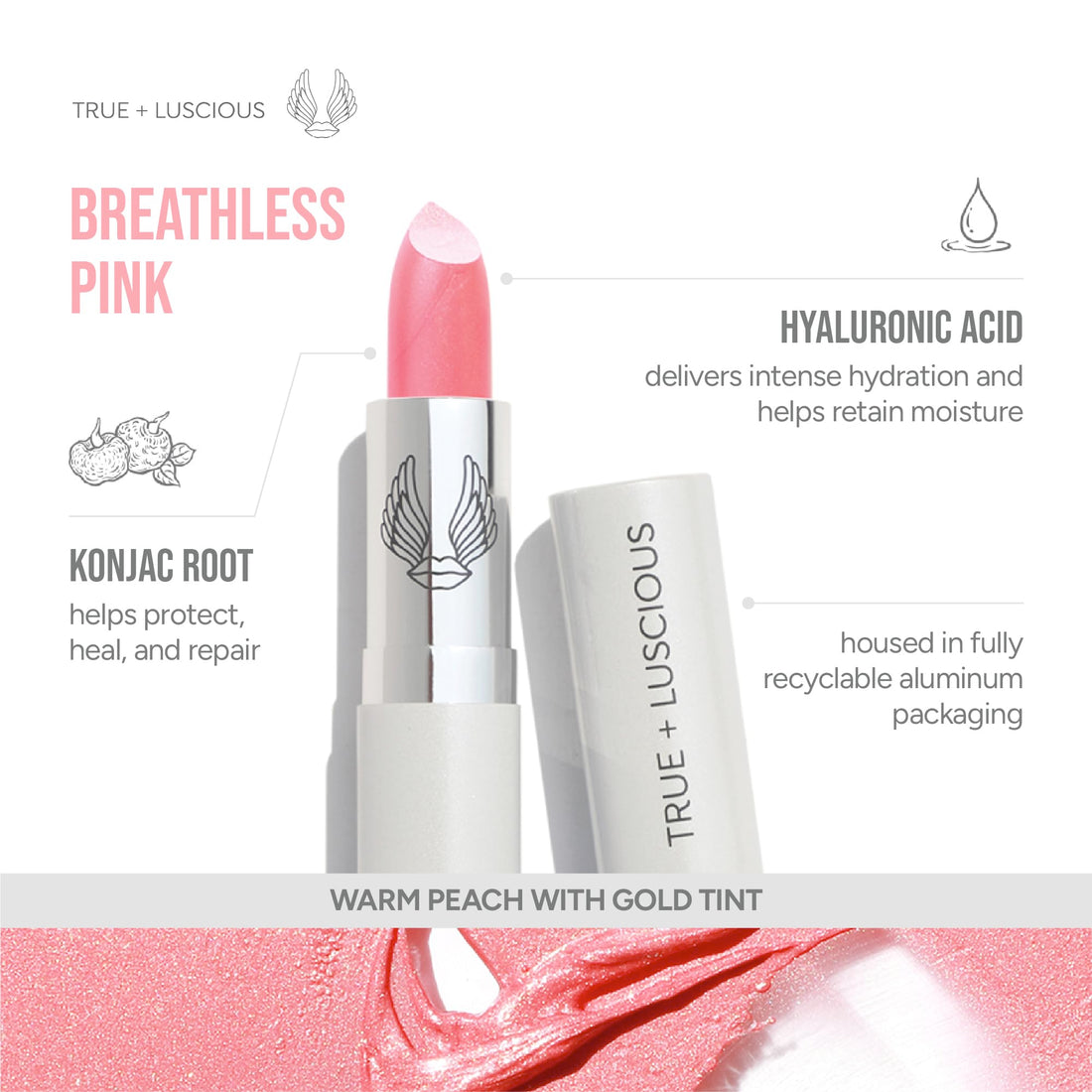 True + Luscious Super Moisture Lipstick | Sheer Cream Lip Color for Lasting Hydration | Hyaluronic Acid Konjac Root Powder | Vegan Cruelty-Free Gluten-Free Flatters All Skin Tones | Pink Sugar