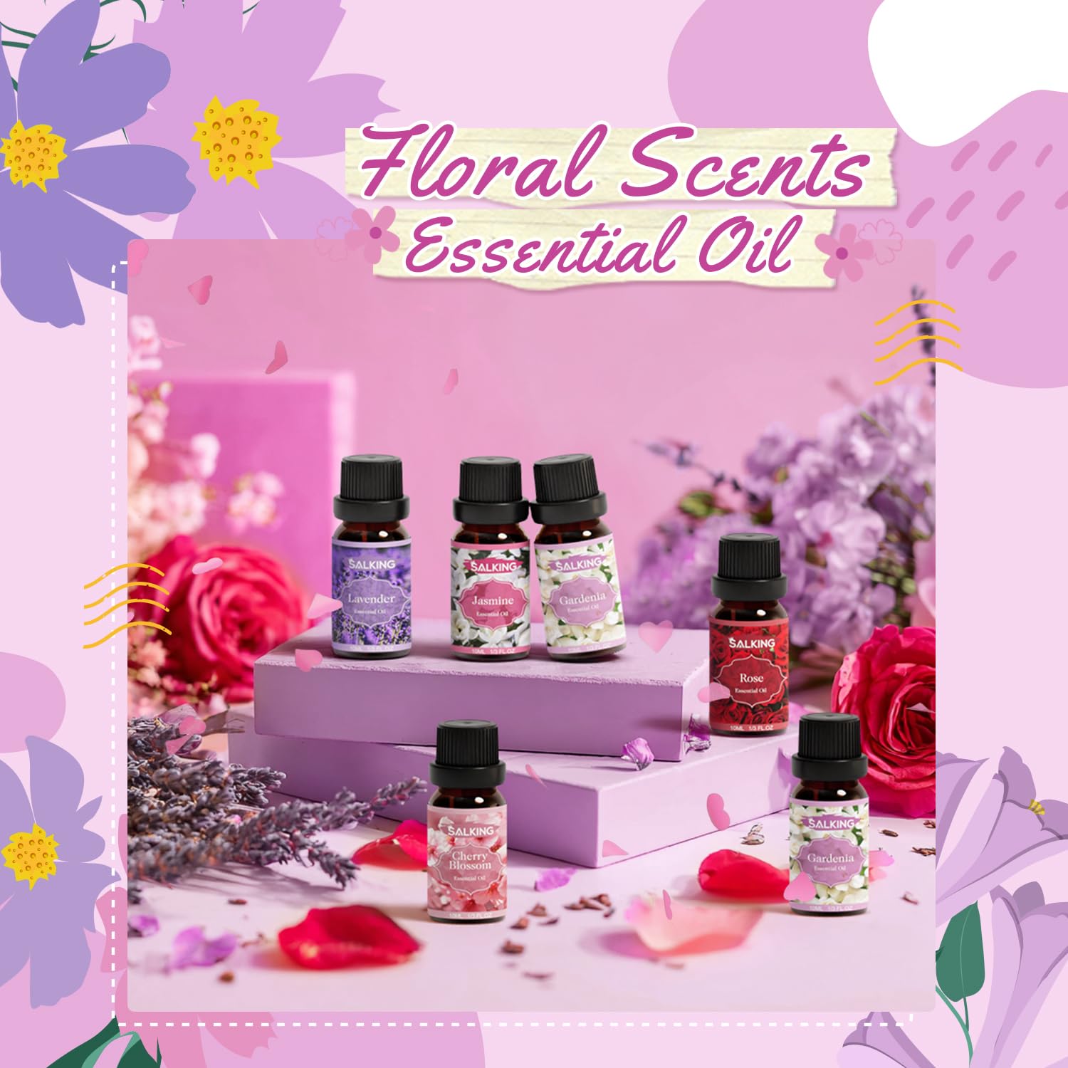 SALKING Essential Oils Set, 100% Pure Fragrance Oil AromatherapyGift, Premium Scented Oils for Diffusers 6 x 10 ML - Lavender, Rose, Jasmine, Cherry Blossom, Gardenia, Chamomile, Pink