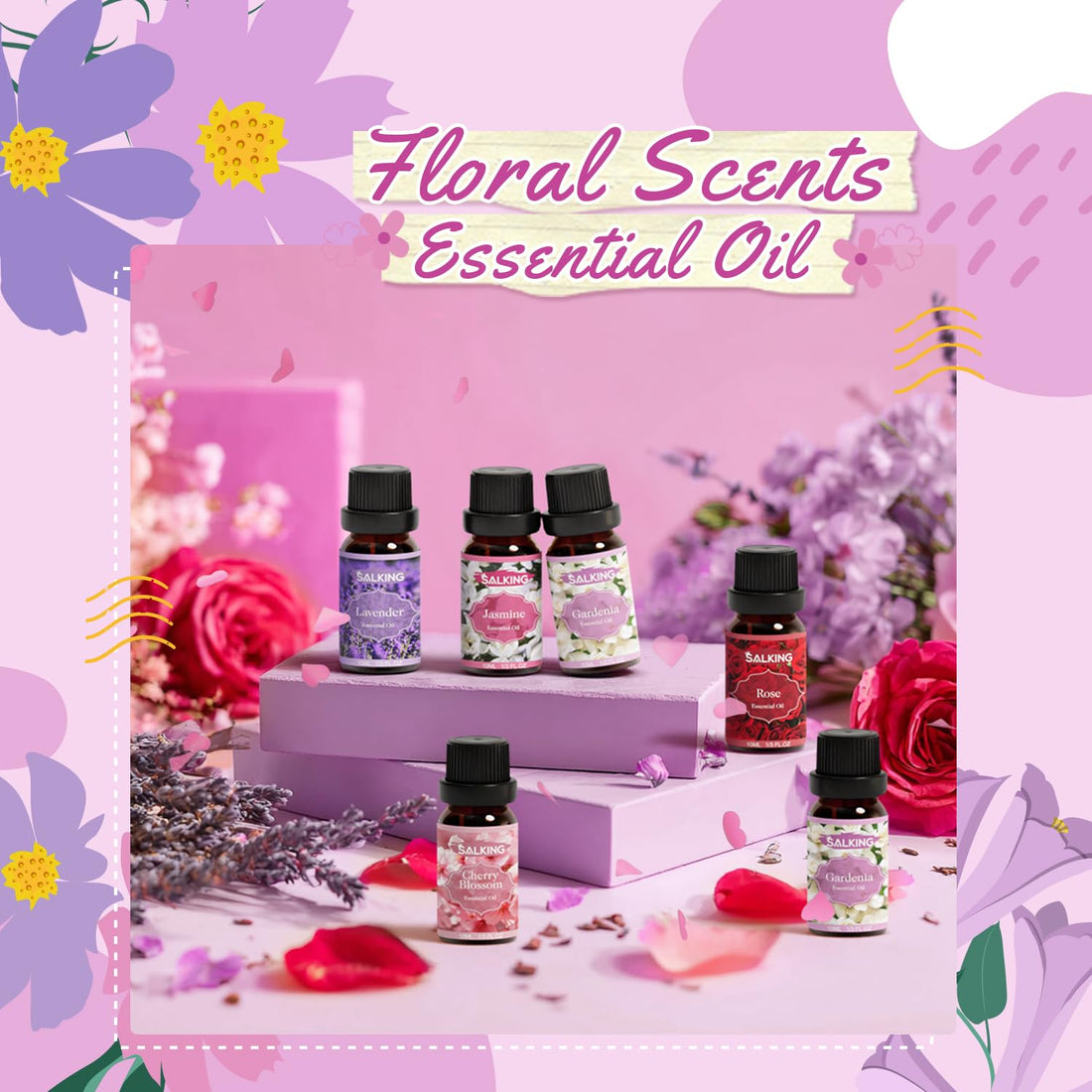 SALKING Essential Oils Set, 100% Pure Fragrance Oil AromatherapyGift, Premium Scented Oils for Diffusers 6 x 10 ML - Lavender, Rose, Jasmine, Cherry Blossom, Gardenia, Chamomile, Pink