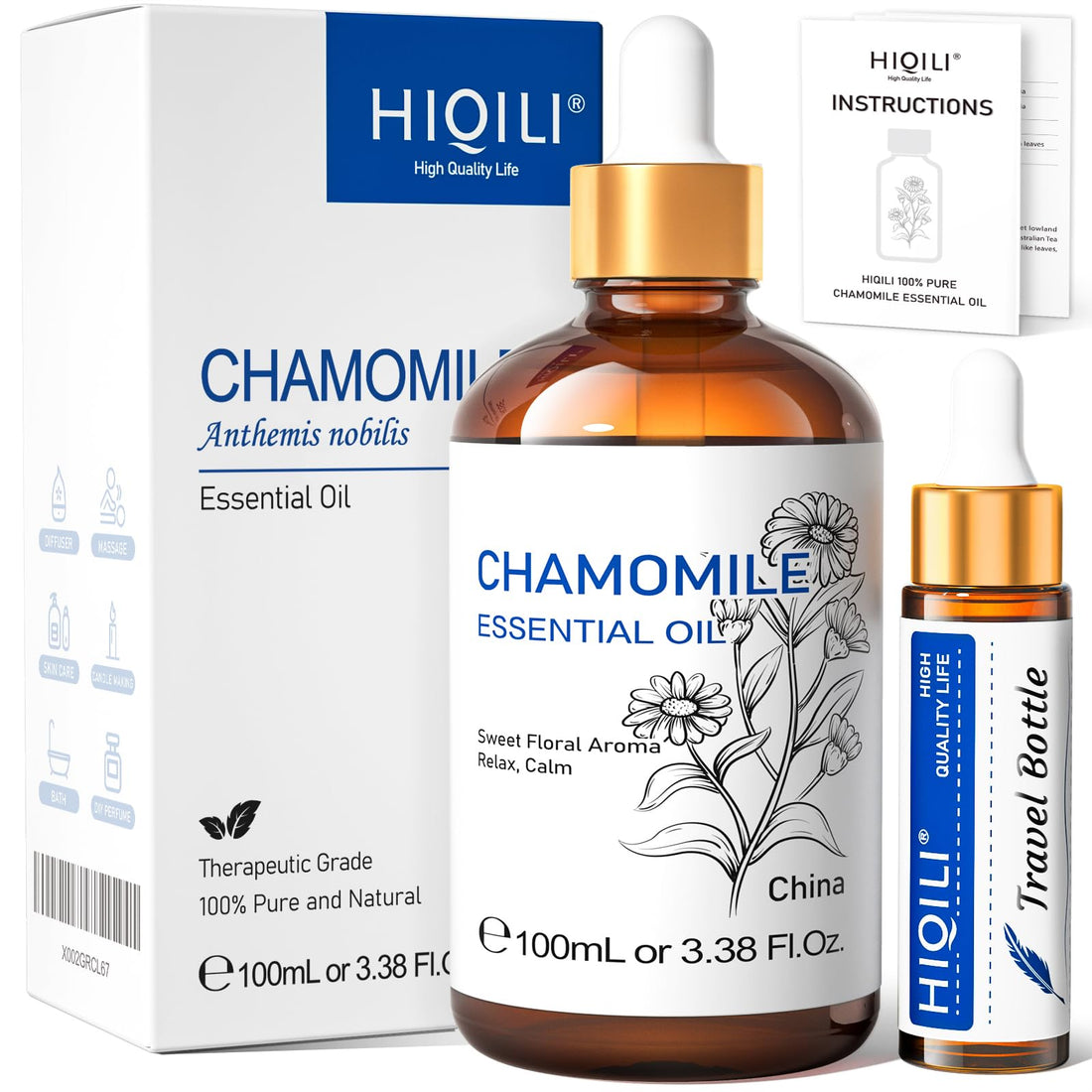 HIQILI 100ml Lavender Essential Oil Pure, 100% Natural Therapeutic Grade for Aromatherapy Diffuser, Skin Care, Hair, Includes Premium Quality Glass Dropper