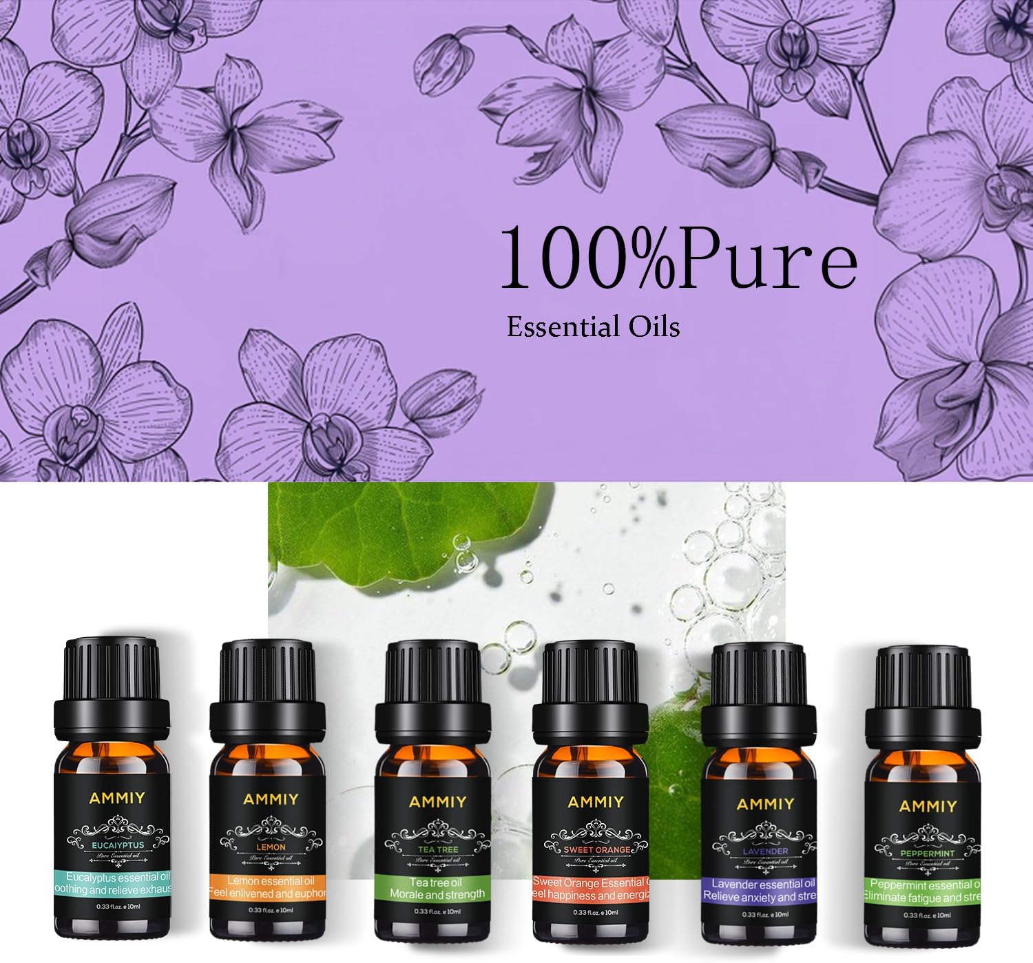 Essential Oils Gift Set, 10ml*Top 6 Relaxing Scents, Pure, Natural, Vegan Oils Including Eucalyptus, Lemon, Peppermint, Lavender, Sweet Orange and Tea Tree