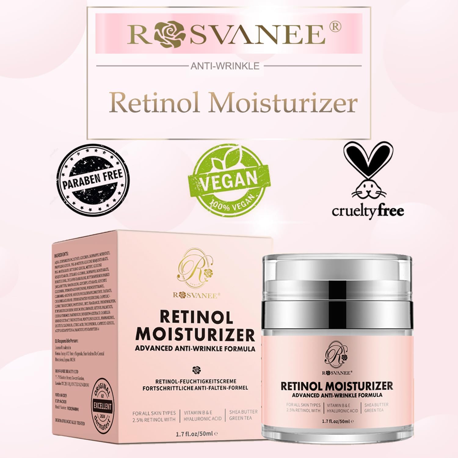 ROSVANEE Retinol Moisturizer Dermatologist Tested Anti Aging Cream for Face, Neck and Eye with 2.5% Retinol, Hyaluronic Acid and Vitamins E & B5, Anti Wrinkle Deep Hydration Cream for Men & Women