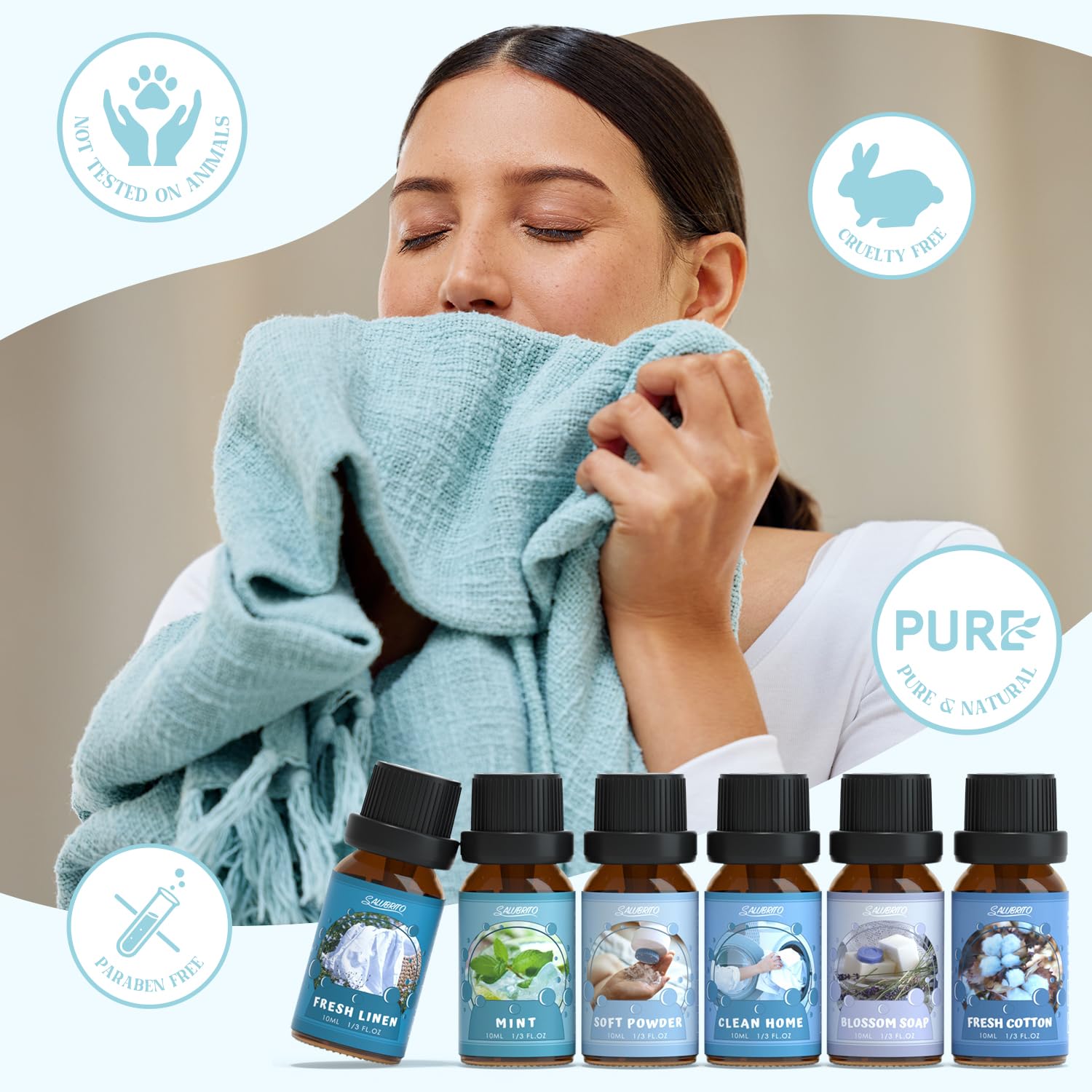 SALUBRITO Clean Essential Oils Set, Fresh Cotton, Clean Home, Fresh Linen, Soft Powder, Blossom Soap, Mint Scented Oils for for Diffuser, Candle, Soap Making