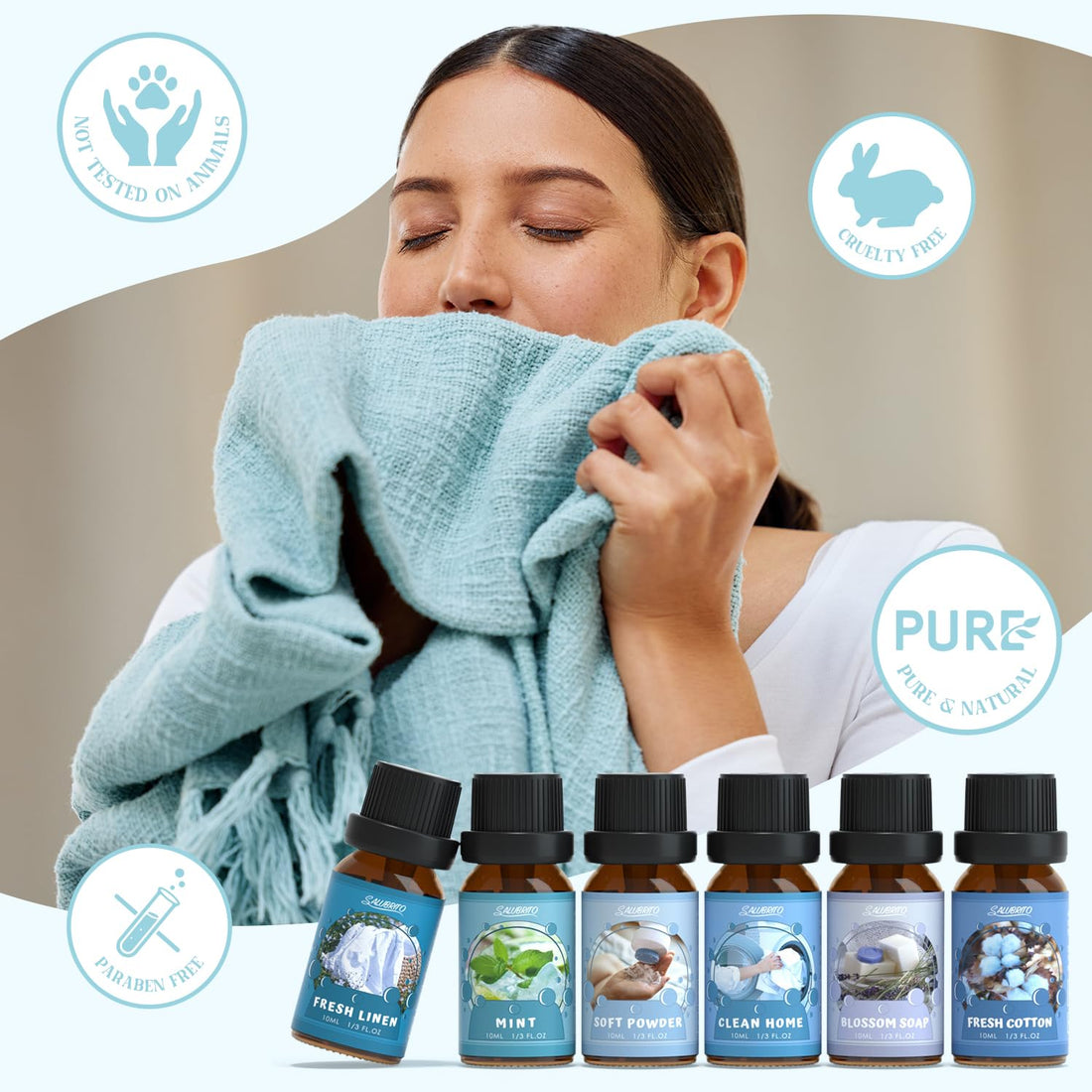 SALUBRITO Clean Essential Oils Set, Fresh Cotton, Clean Home, Fresh Linen, Soft Powder, Blossom Soap, Mint Scented Oils for for Diffuser, Candle, Soap Making