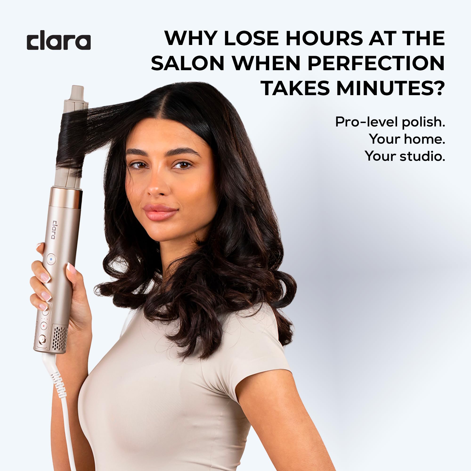 Clara 6-in-1 Gold Multi Styler with Auto-Wrap Curlers, Hair Dryer, & Brush (Round & Oval) for All Hair Types – 1500W Ionic Styling Tool for Frizz-Free Waves & Salon Blowouts Halalzen