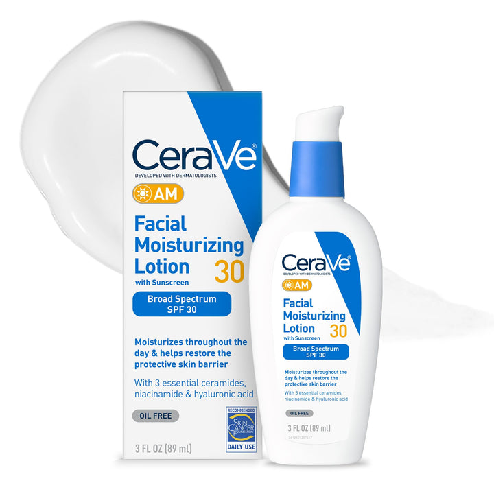 CeraVe AM Facial Moisturizing Lotion with SPF 30, Oil-Free Face Moisturizer with SPF, Formulated with Hyaluronic Acid, Niacinamide & Ceramides, Non-Comedogenic, Broad Spectrum Sunscreen, 3 Ounce Halalzen