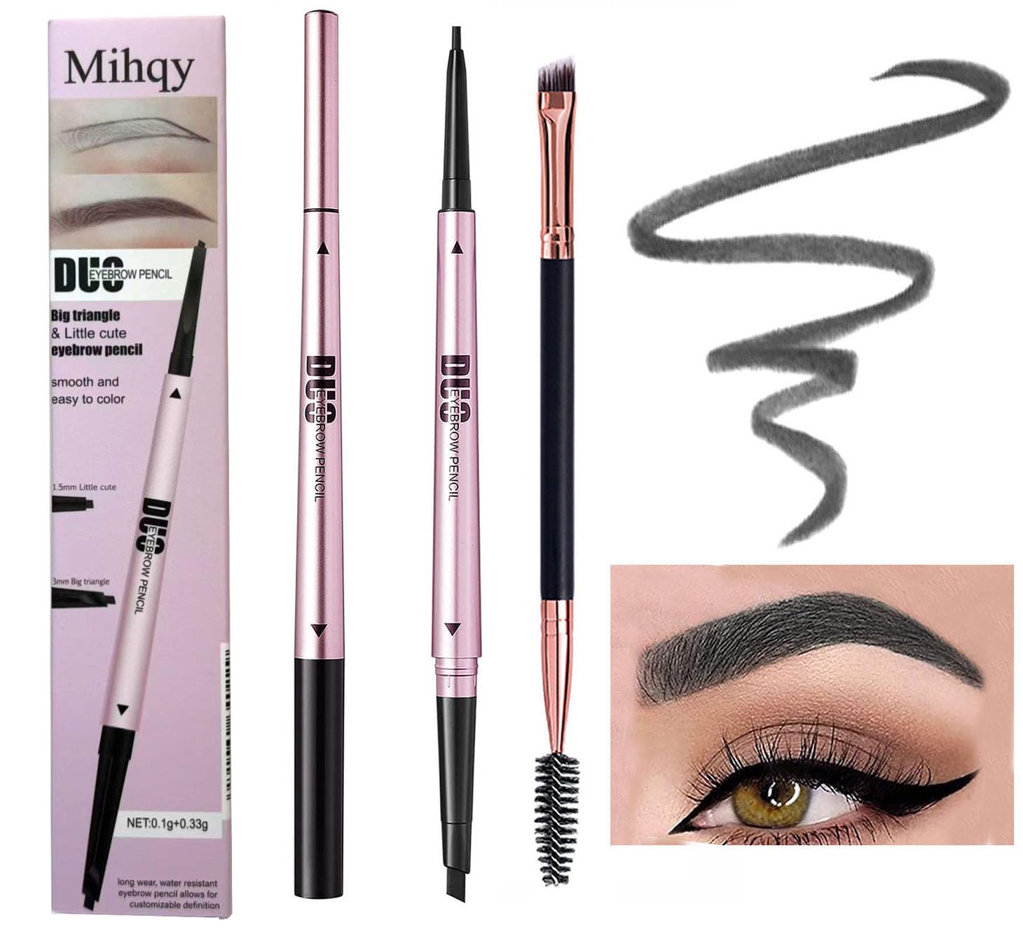Mihqy 2 PCS Eyebrow Pencil Waterproof with Brow Brush, Dual Ended Eyebrow Pen, Automatic Makeup Cosmetic Tool(Dark Brown)