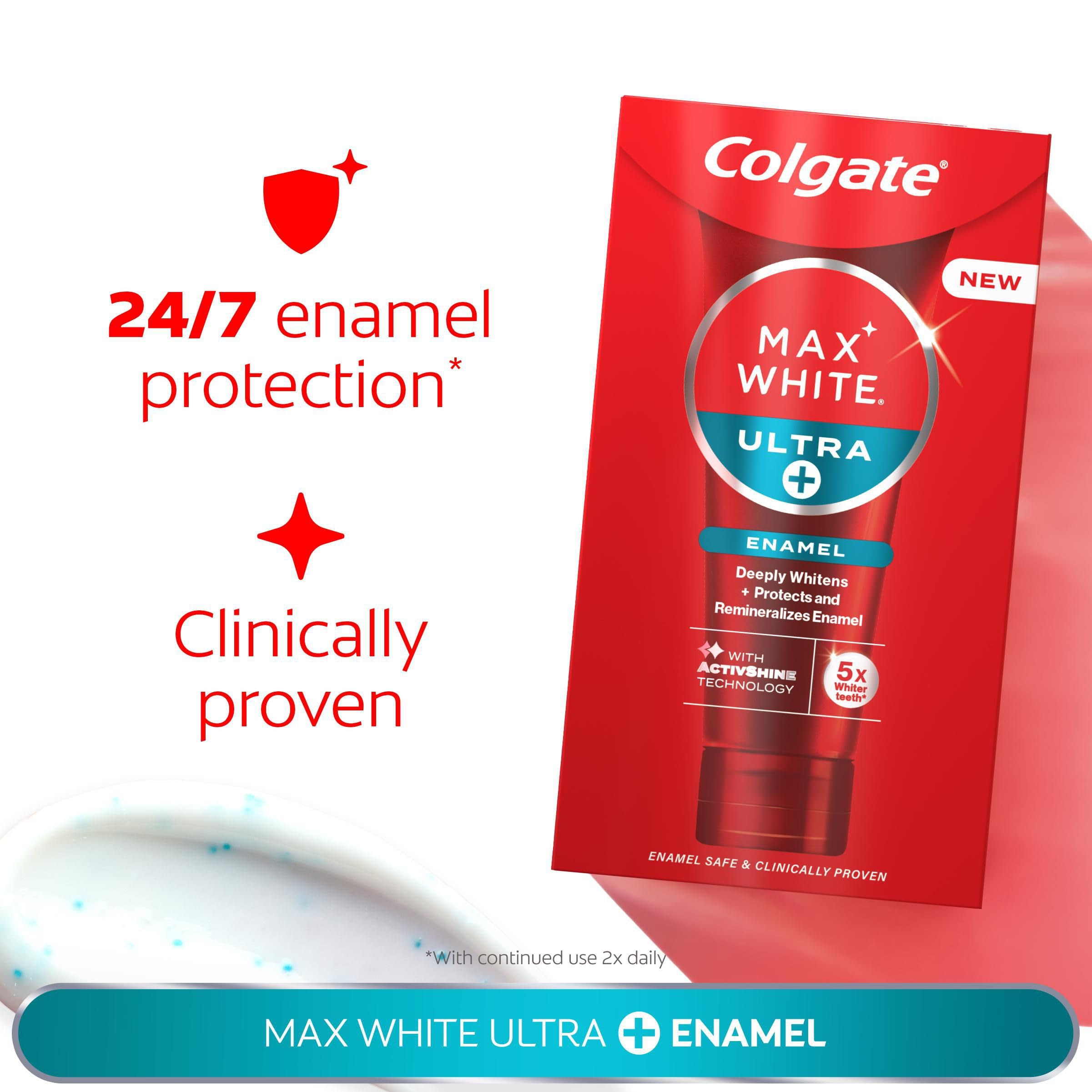 Colgate Max White Ultra+ Enamel Toothpaste 75ml, Whitens Deep Stains for 5X Whiter Teeth, ActiveShine Technology Smoothes Enamel Surface to Reflect Light, Protects and Remineralises Enamel