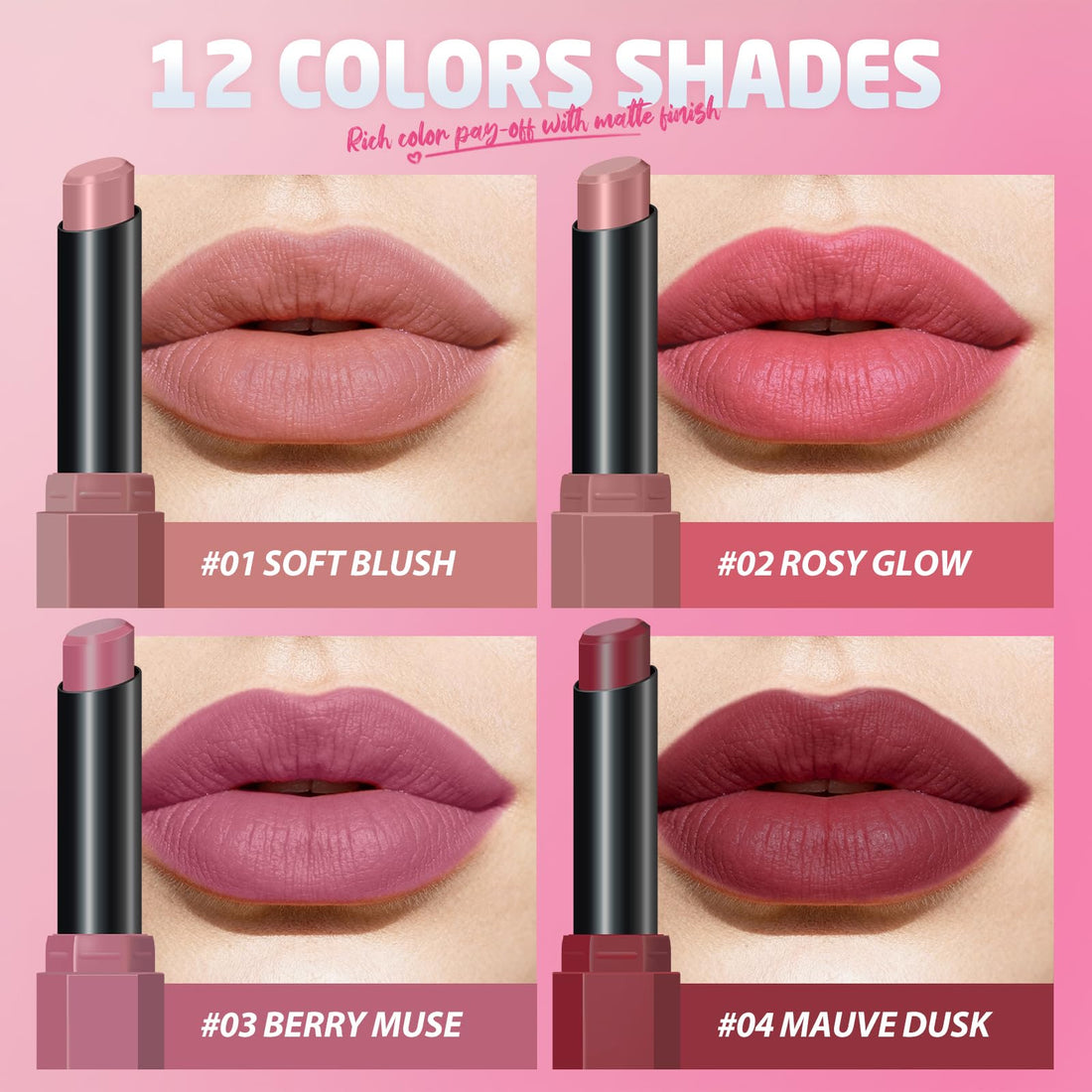 12Pcs Velvet Matte Lipstick Nude Matte Soft Dark Color Stick High Pigmented Long-Lasting Waterproof Lip Stick Lip Balm Beauty Cosmetics Gift for Women(01#-12#)
