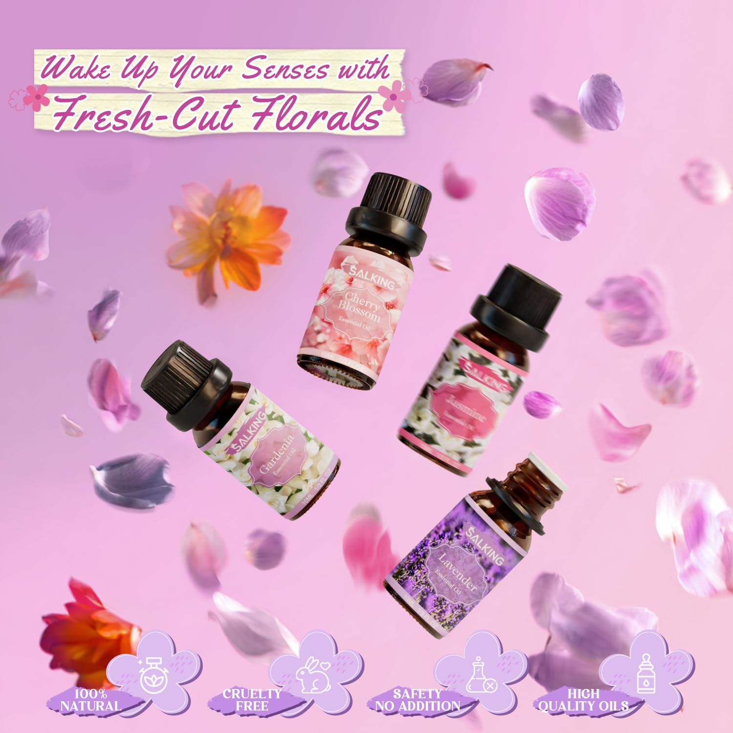 SALKING Essential Oils Set, 100% Pure Fragrance Oil AromatherapyGift, Premium Scented Oils for Diffusers 6 x 10 ML - Lavender, Rose, Jasmine, Cherry Blossom, Gardenia, Chamomile, Pink