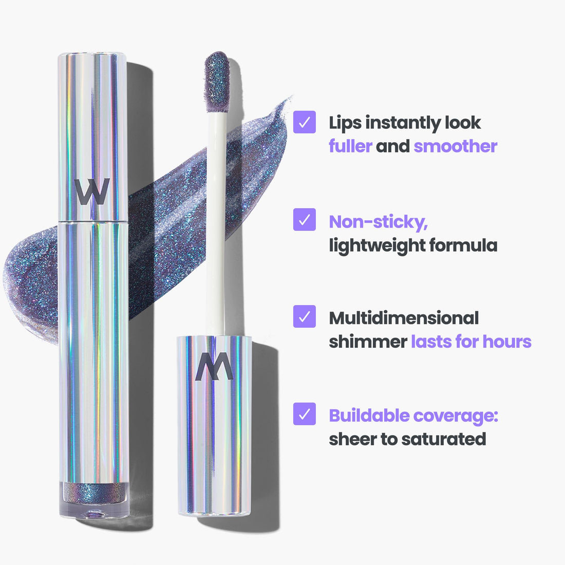 Wonderskin Wonder Blading Top Gloss - Lip Gloss, High Shine Finish, Blue Makeup For Lips (Silver Glitter)
