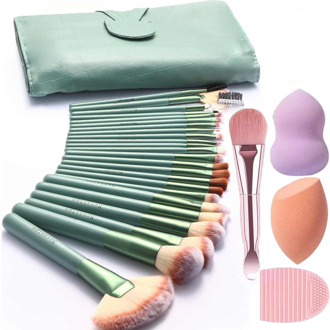Makeup Brushes, Quality Make Up Brushes 28Pcs Makeup Brushes Set Professional & Beginner Make-up Sets & Case, Brushes & Sponges,Travel-Friendly Roll-up Beauty Gift Sets for Women, GREEN Halalzen