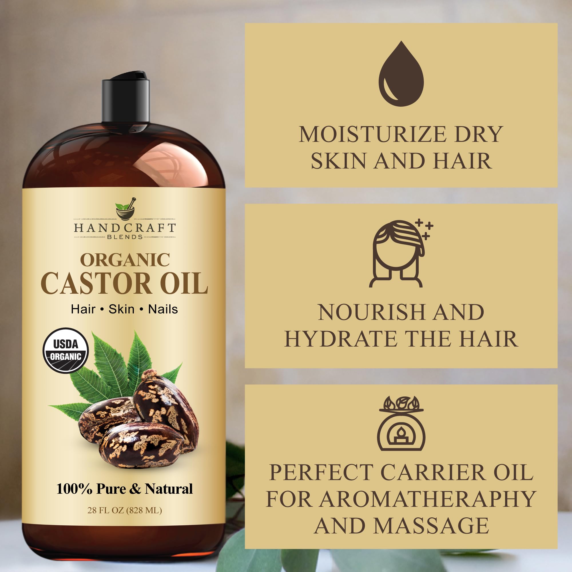 Handcraft Blends Huile de Ricin et Huile de Romarin 236 ml | 100% Pure et Naturelle | Huile Support de Qualité Supérieure | Cheveux, Cils et Sourcils | Cheveux et Corps