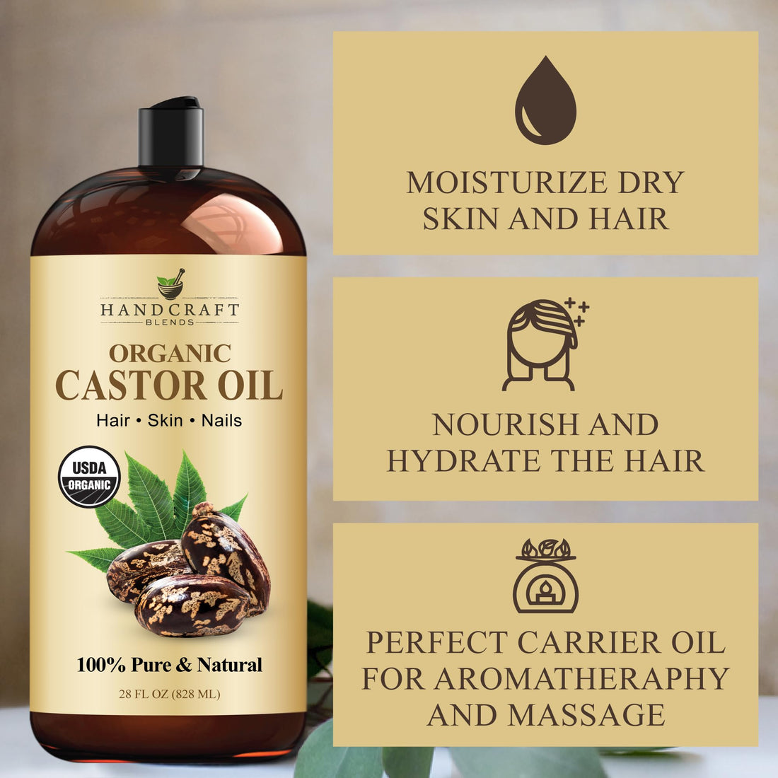 Handcraft Blends Huile de Ricin et Huile de Romarin 236 ml | 100% Pure et Naturelle | Huile Support de Qualité Supérieure | Cheveux, Cils et Sourcils | Cheveux et Corps