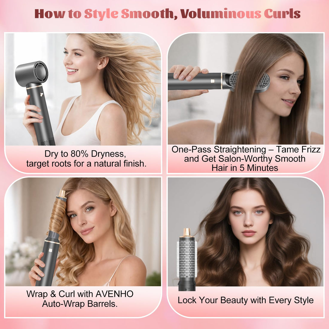 5 in 1 Hot Air Styler, Hair Dryer Brush with Auto Wrap Curlers, 3 Heat Settings, Fast Drying & Volumizing – Includes Curling Barrels & Straightening Comb (Charcoal) Halalzen