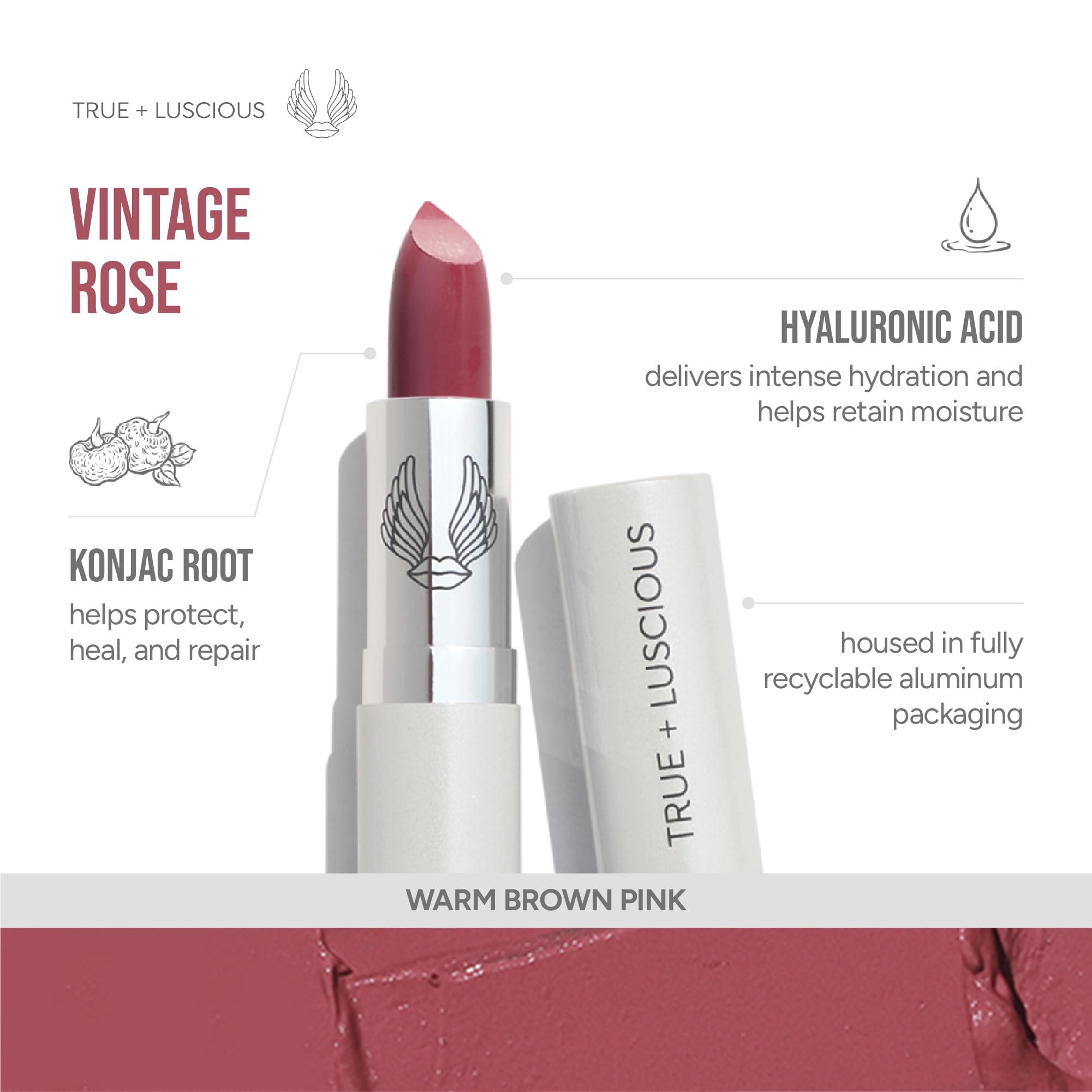 True + Luscious Super Moisture Lipstick | Sheer Cream Lip Color for Lasting Hydration | Hyaluronic Acid Konjac Root Powder | Vegan Cruelty-Free Gluten-Free Flatters All Skin Tones | Pink Sugar