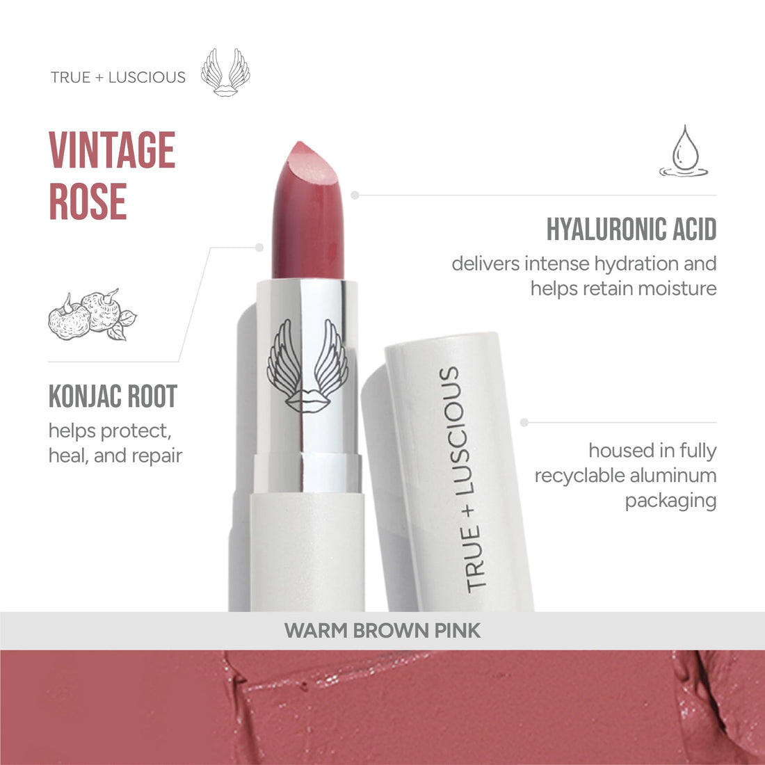 True + Luscious Super Moisture Lipstick | Sheer Cream Lip Color for Lasting Hydration | Hyaluronic Acid Konjac Root Powder | Vegan Cruelty-Free Gluten-Free Flatters All Skin Tones | Pink Sugar