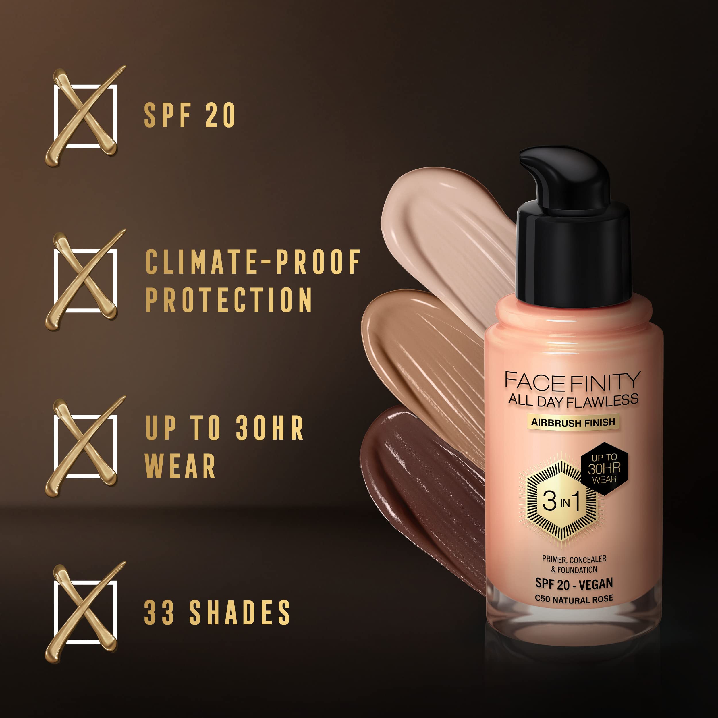 MAX FACTOR - Facefinity All Day Flawless Foundation - 3-in-1 Concealer, Liquid Foundation & Face Primer - Up To 30hr Wear - Flawless Airbrush Finish, SPF 20, Vegan - C50 Natural Rose - 30ml Halalzen