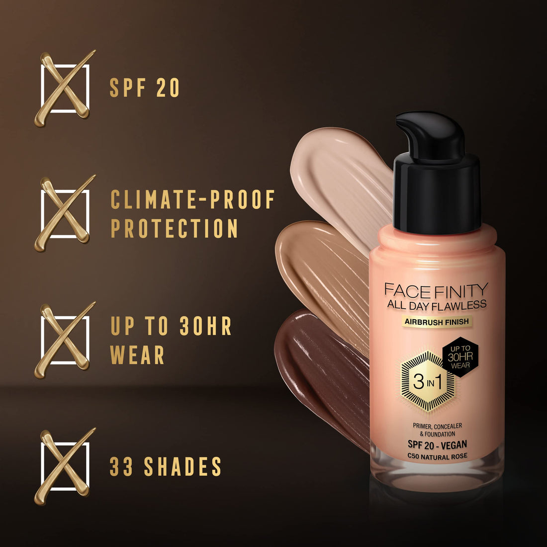 MAX FACTOR - Facefinity All Day Flawless Foundation - 3-in-1 Concealer, Liquid Foundation & Face Primer - Up To 30hr Wear - Flawless Airbrush Finish, SPF 20, Vegan - C50 Natural Rose - 30ml Halalzen