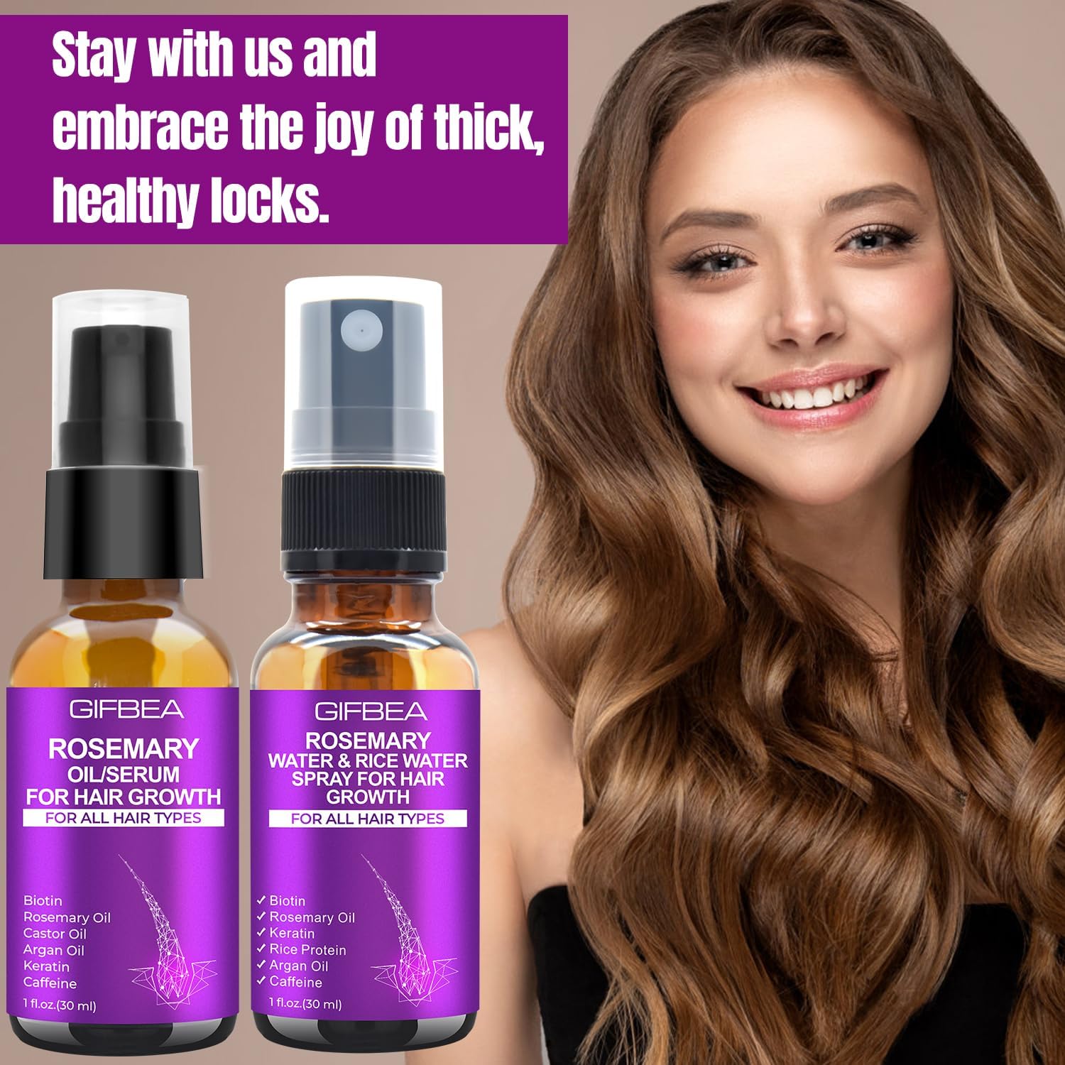 GIFBEA Rosemary Oil Serum for Hair Growth W/Rosemary Water & Rice Water Spray Hair Growth,Biotin Castor Oil Argan Oil Caffeine Keratin Reduce Hair Loss,Hair Thickening Products Treatment for Women Men