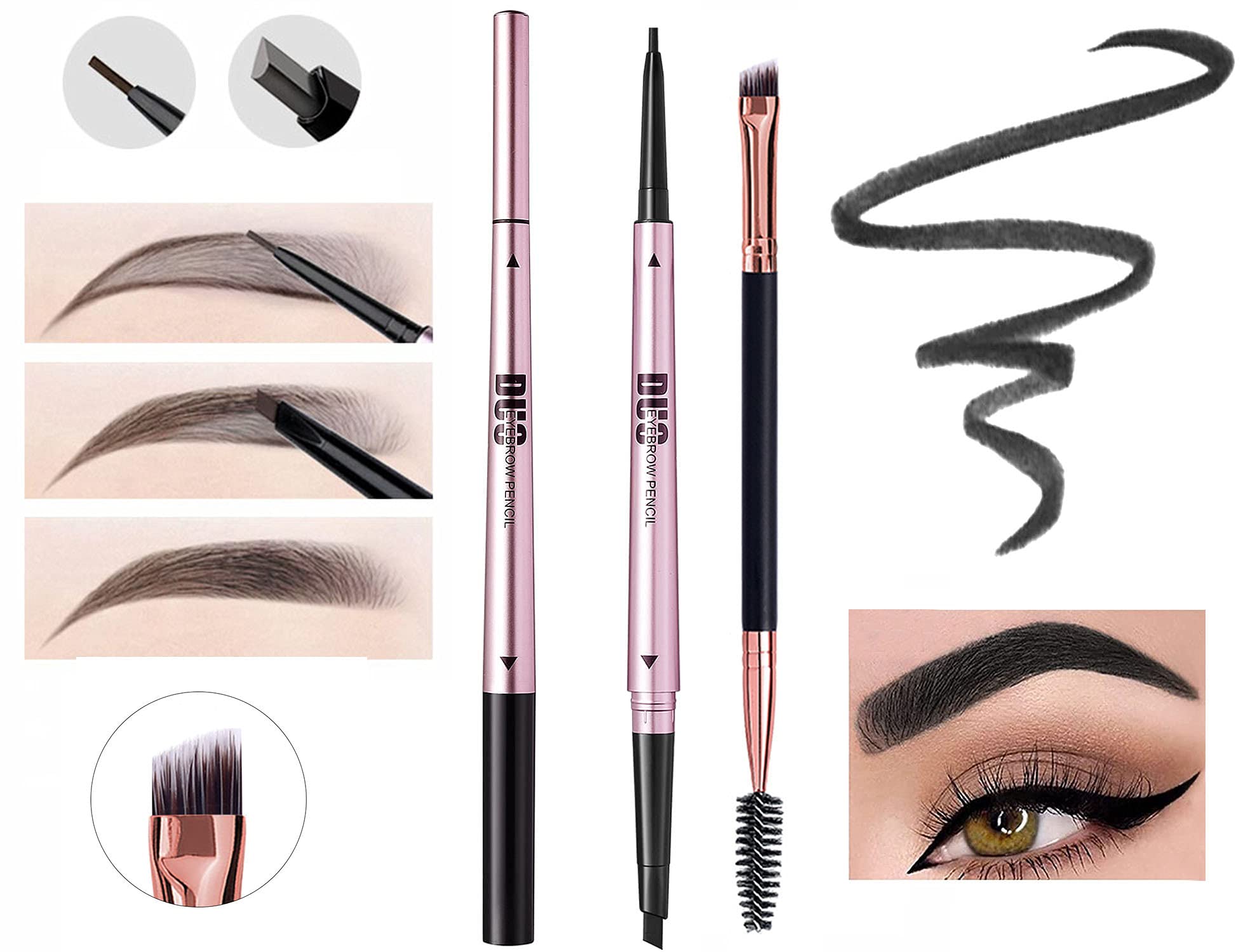 Mihqy 2 PCS Eyebrow Pencil Waterproof with Brow Brush, Dual Ended Eyebrow Pen, Automatic Makeup Cosmetic Tool(Dark Brown)