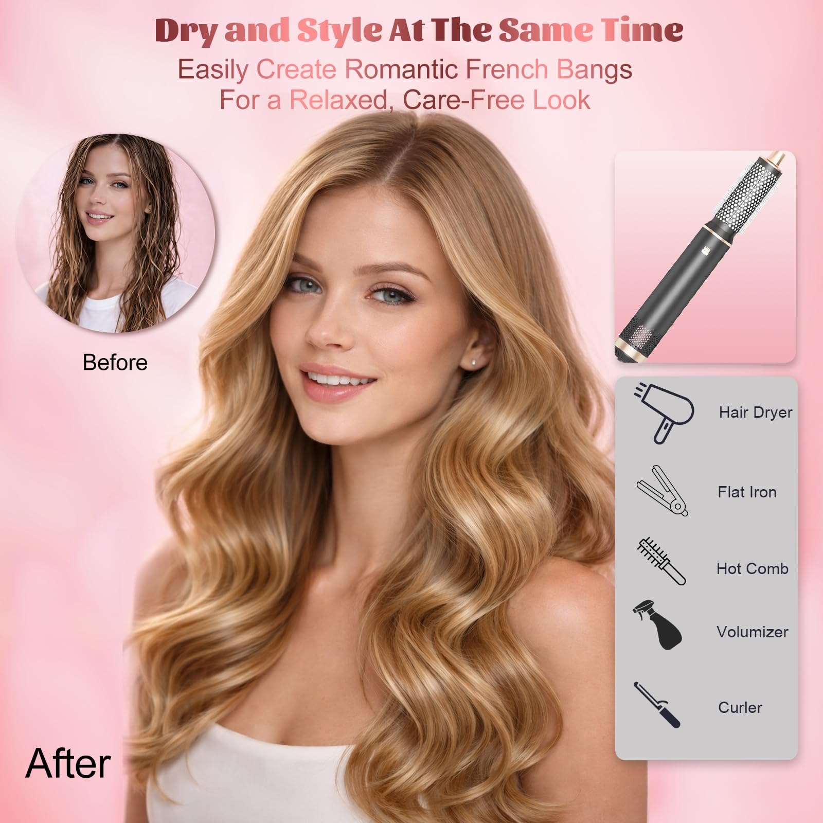 5 in 1 Hot Air Styler, Hair Dryer Brush with Auto Wrap Curlers, 3 Heat Settings, Fast Drying & Volumizing – Includes Curling Barrels & Straightening Comb (Charcoal) Halalzen