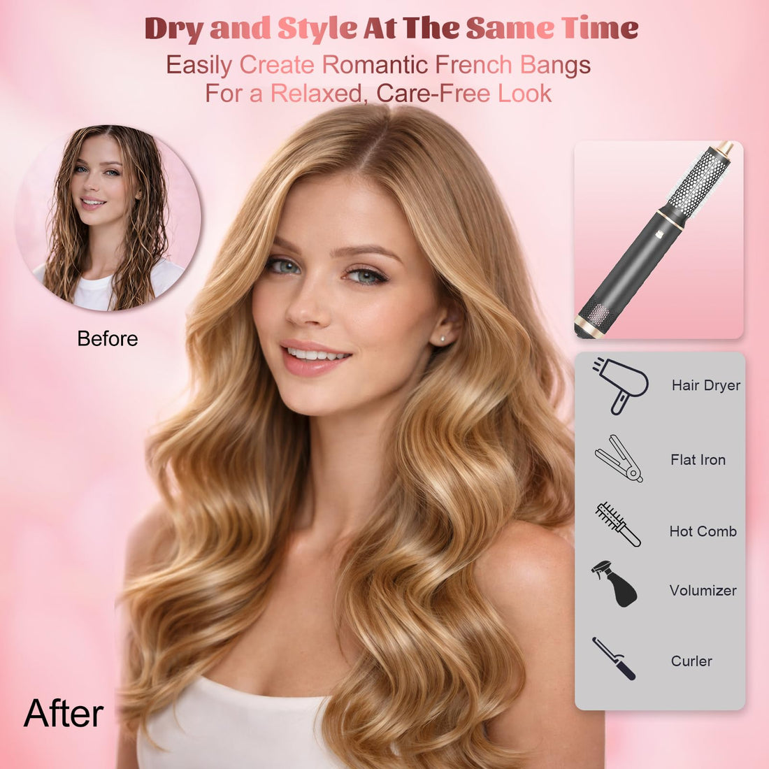 5 in 1 Hot Air Styler, Hair Dryer Brush with Auto Wrap Curlers, 3 Heat Settings, Fast Drying & Volumizing – Includes Curling Barrels & Straightening Comb (Charcoal) Halalzen
