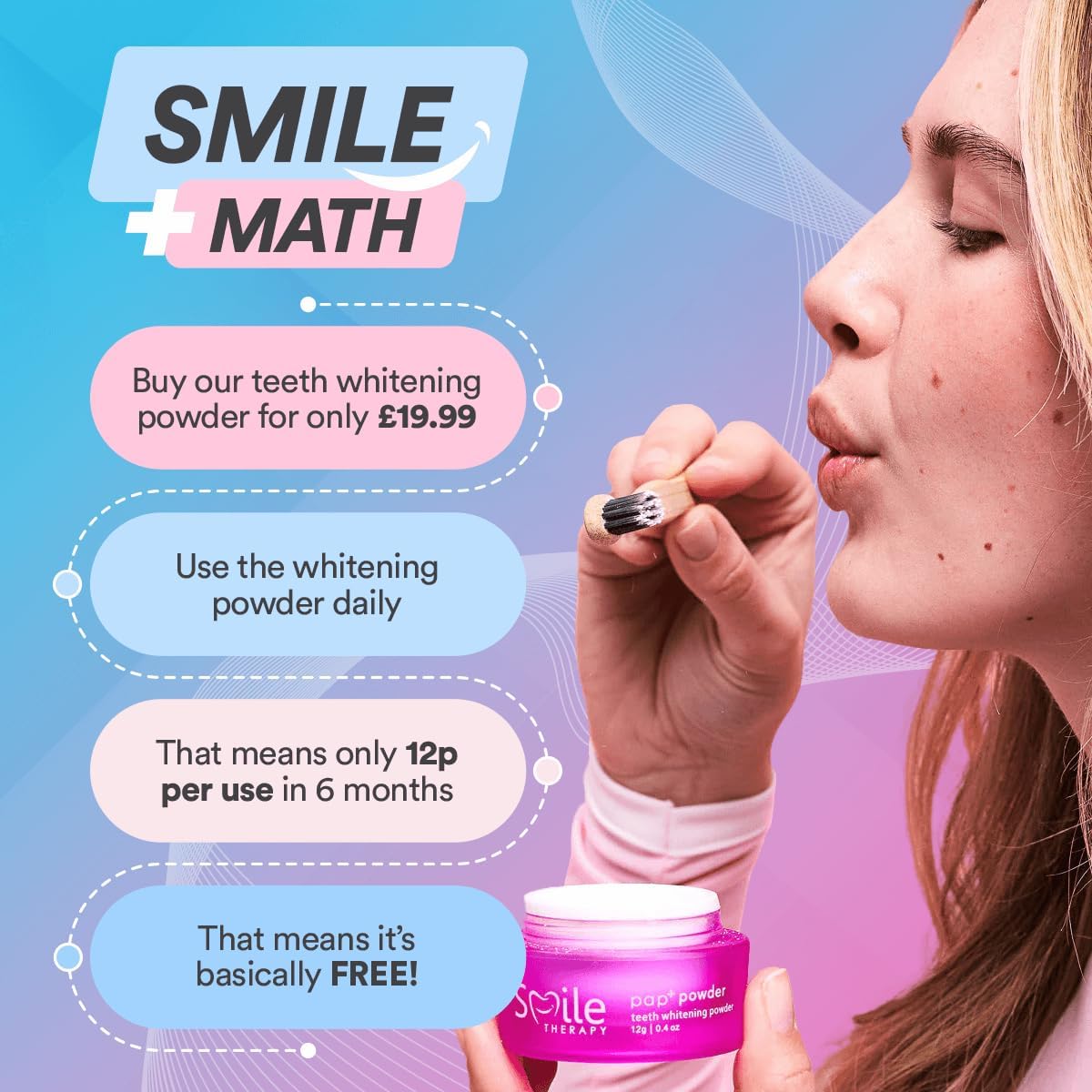 Smile Therapy Teeth Whitening Powder for Stain Removal, Enamel Safe, 6M Use | PAP+ technology, remove coffee tea wine stains, lifts dullness, gum safe, no abrasives, natural ingredients